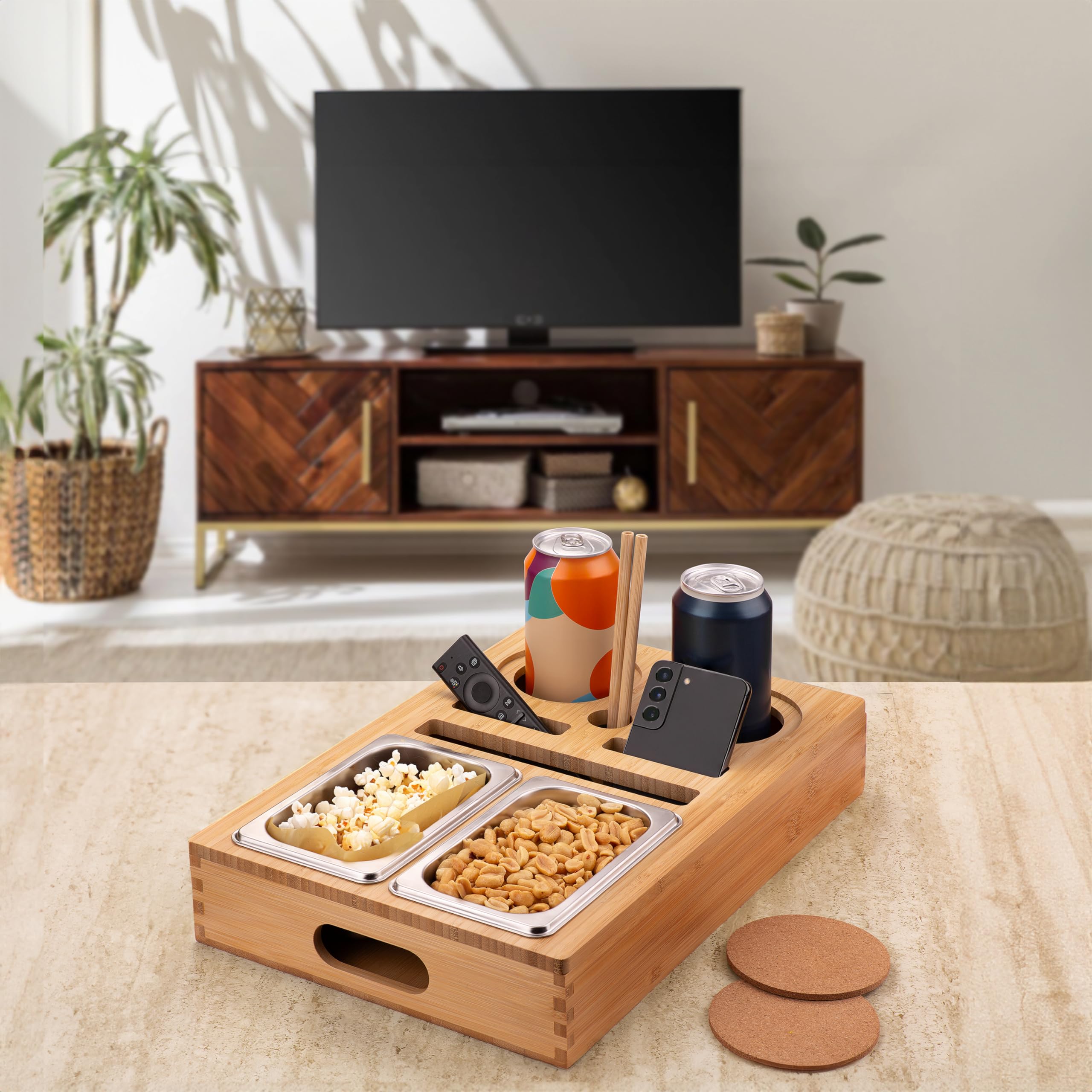 Porta Snack Da Divano In Acciaio Inox - Con Scomparti Per Bevande, Frutta E Telecomandi - 37x26x10 Cm - Foto 2