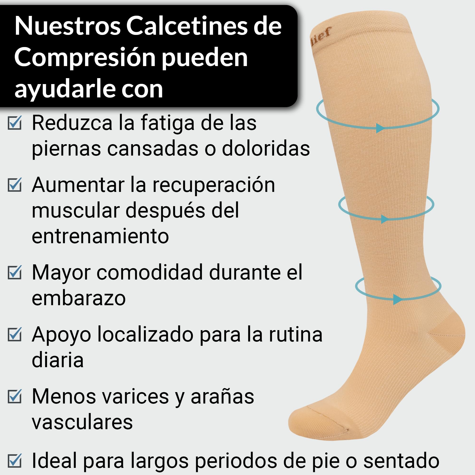 360 Relief Medias de Compresión Mujer y Hombre - 1 Par Calcetines de Compresión para Deportes, Correr, Volar, Viaje, Trabajo, Footing - S/M Beis con Bolsa de Malla — view 5