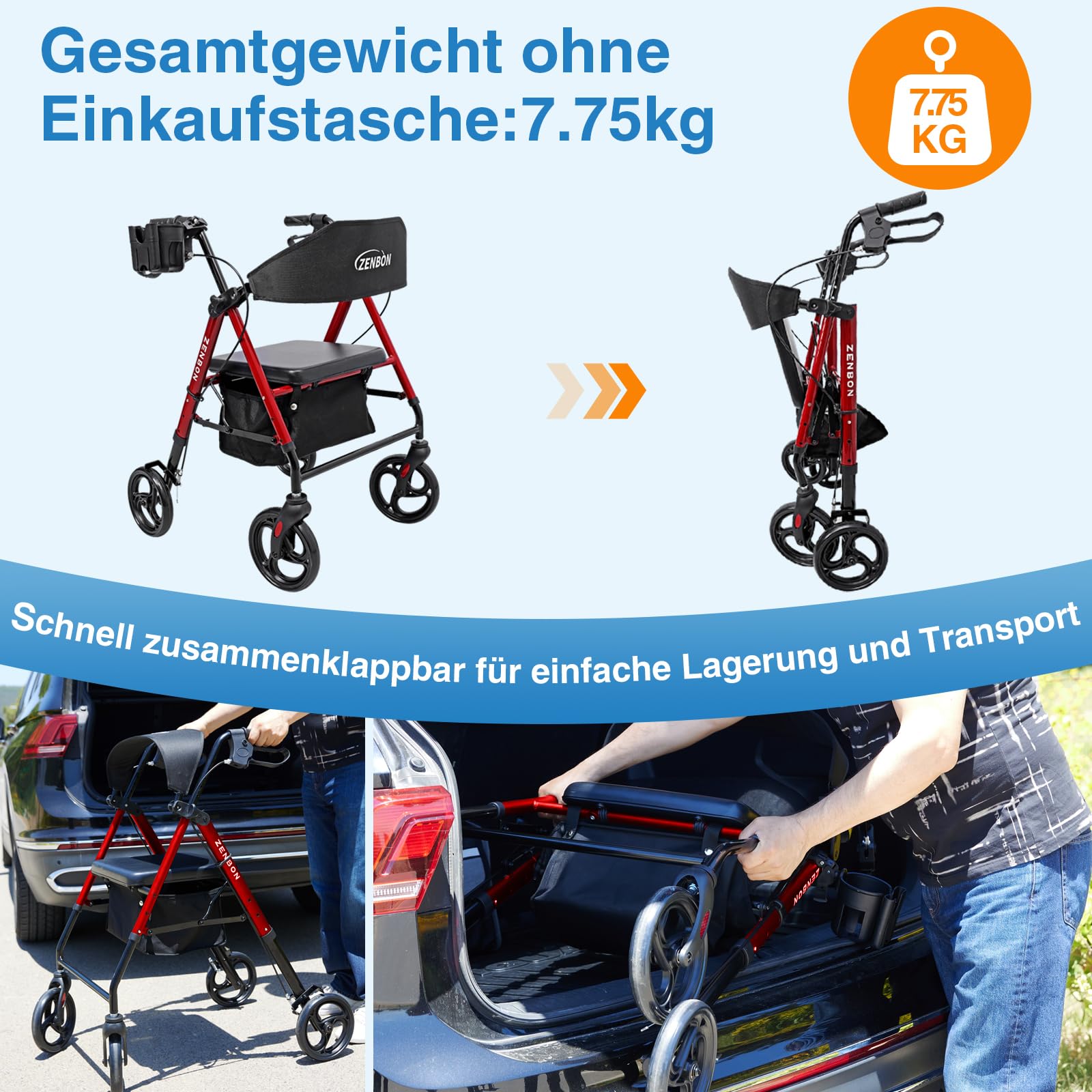Rollator Faltbar und Leicht Aluminium: Rollatoren für Senioren Rollator Klappbar mit Sitz für die Wohnung mit 20cm Reifen 6-fach Höhenverstellung (Rot)