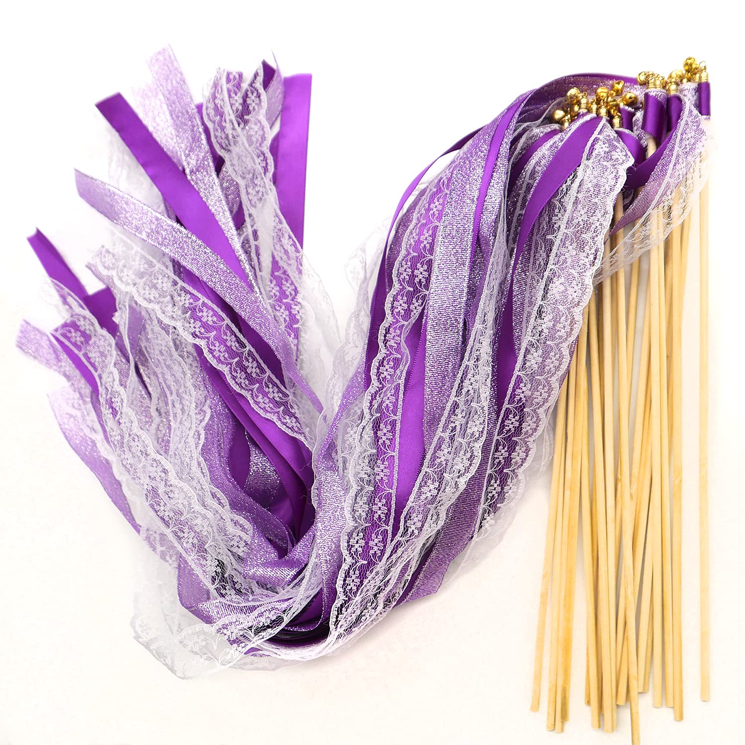 20 varitas mágicas de boda con campanas, serpentinas de seda, bastones de encaje, para bodas, fiestas, baby showers, cumpleaños, vacaciones, Navidad, color morado