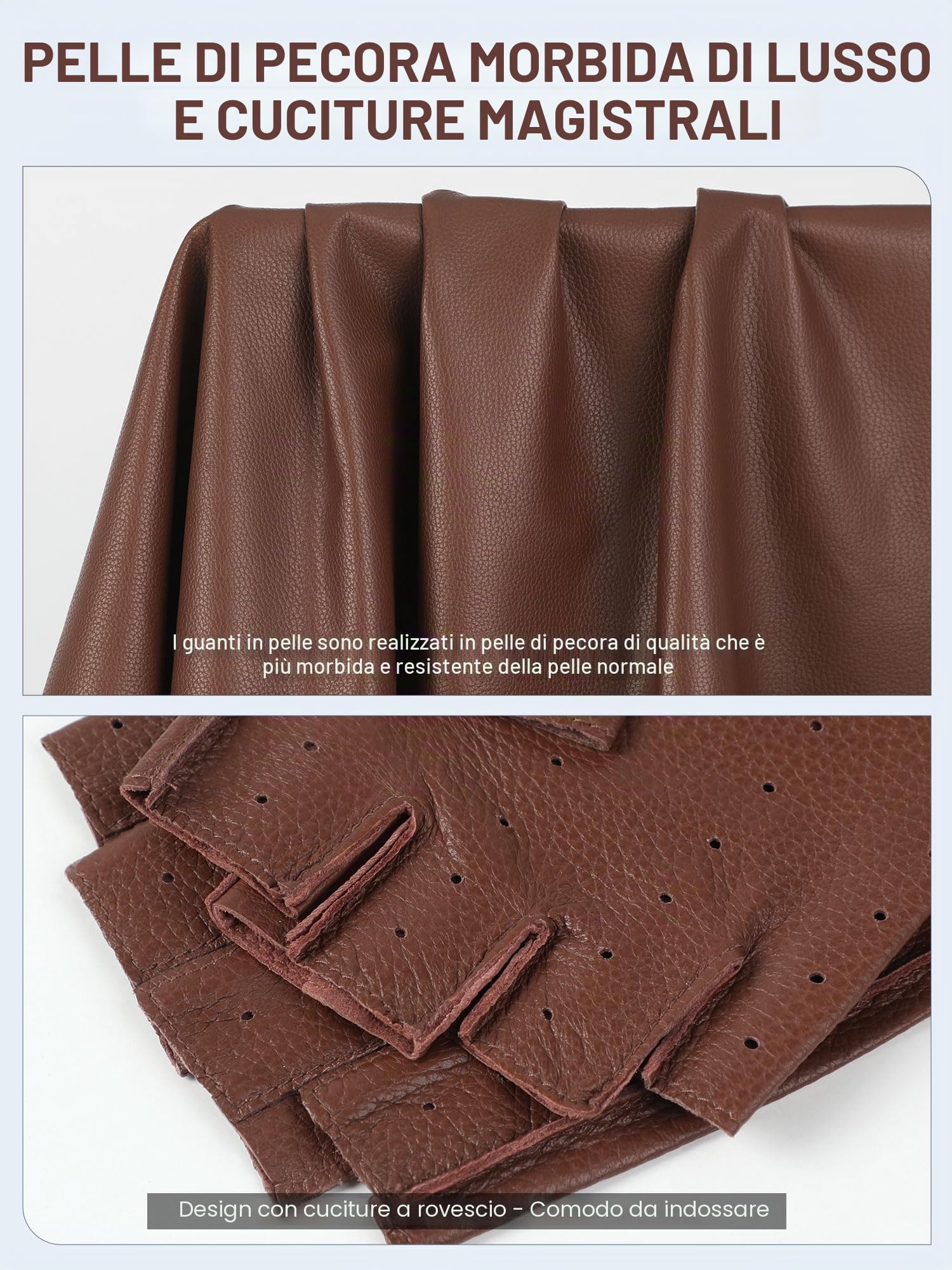 GSG SINCE 1998 Guanti Pelle Uomo Mezze Dita – Guanti da Guida Fingerless, Senza Fodera in Pelle Marrone L