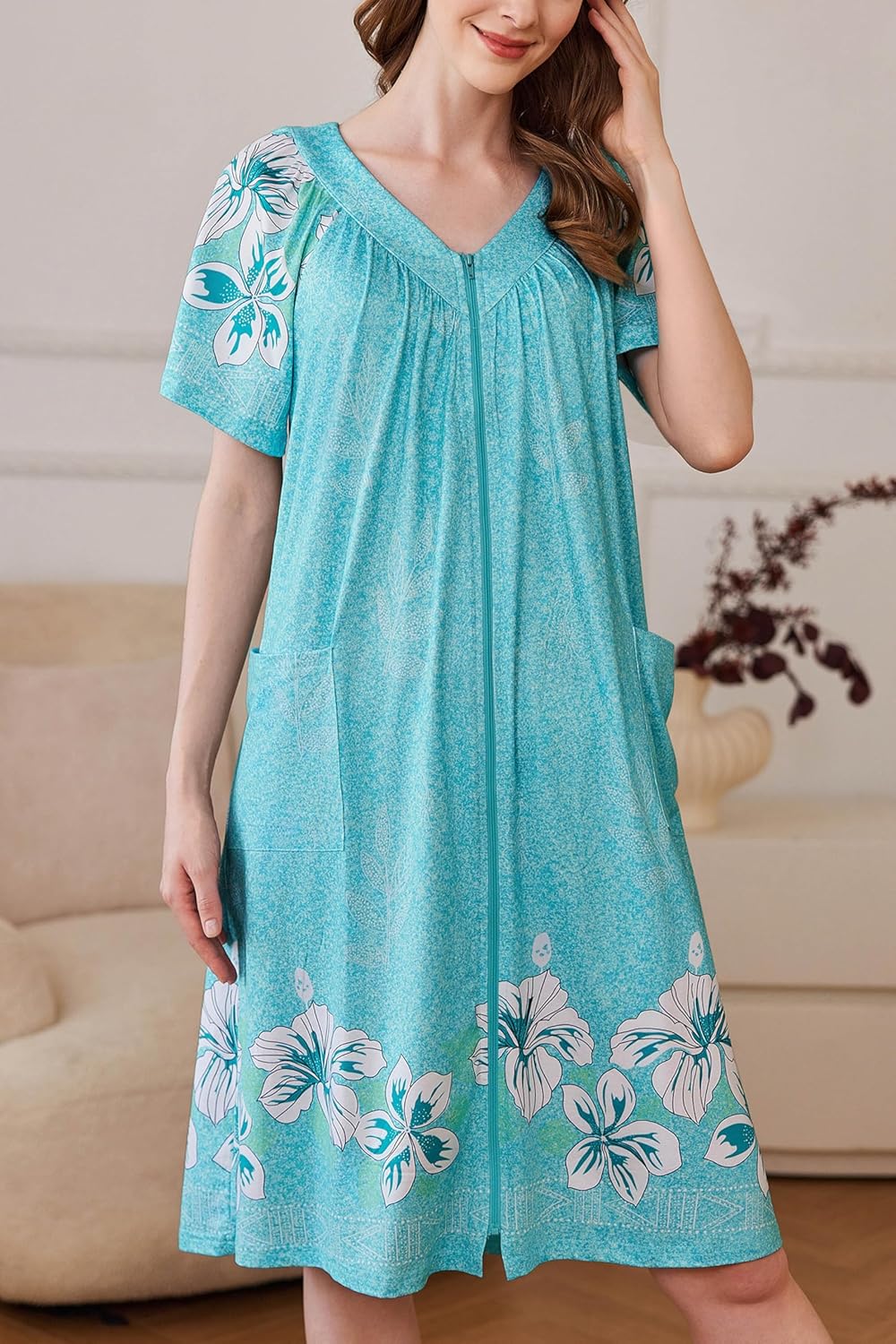 Ekouaer Women Robe Zipper Front Mumu Duster Robes Zip Up Housecoat Soft Sleepwear with Pockets - Image 3