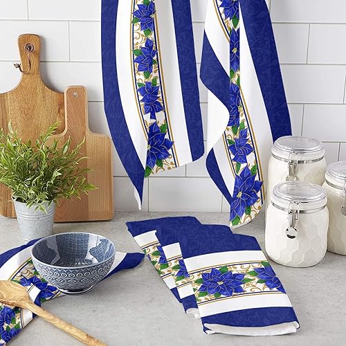 Miniatura 3 de Juego de 2 paños de cocina reversibles para secar platos, diseño de flor de pascua azul de Navidad texturizada, juego de 2 paños de mano de algodón,