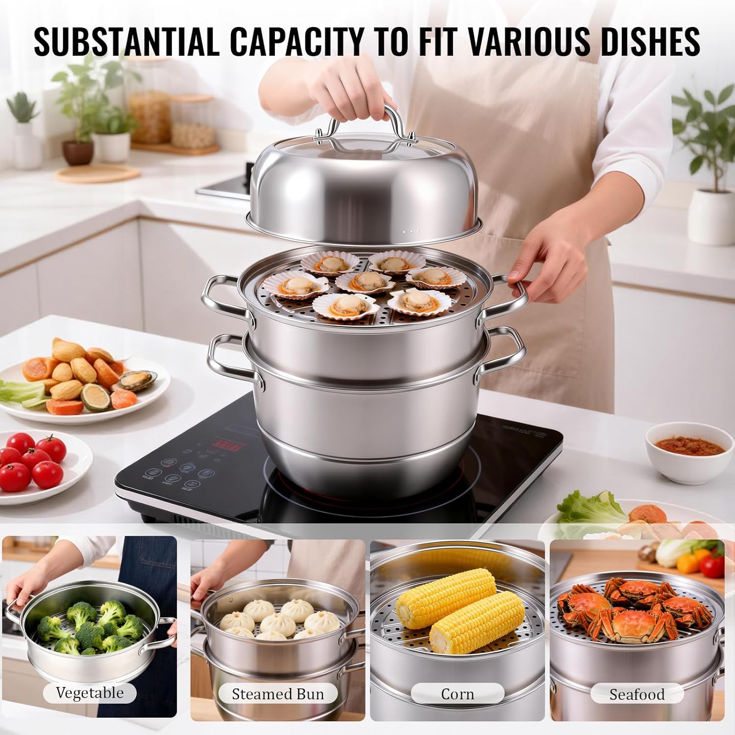 2-Tier Stainless Steel Induction Steamer Pot (30cm/11.8Inch) - Large Food Steamer for Dumplings, Buns & Dim Sum - Dishwasher Safe with Even Heat Distribution