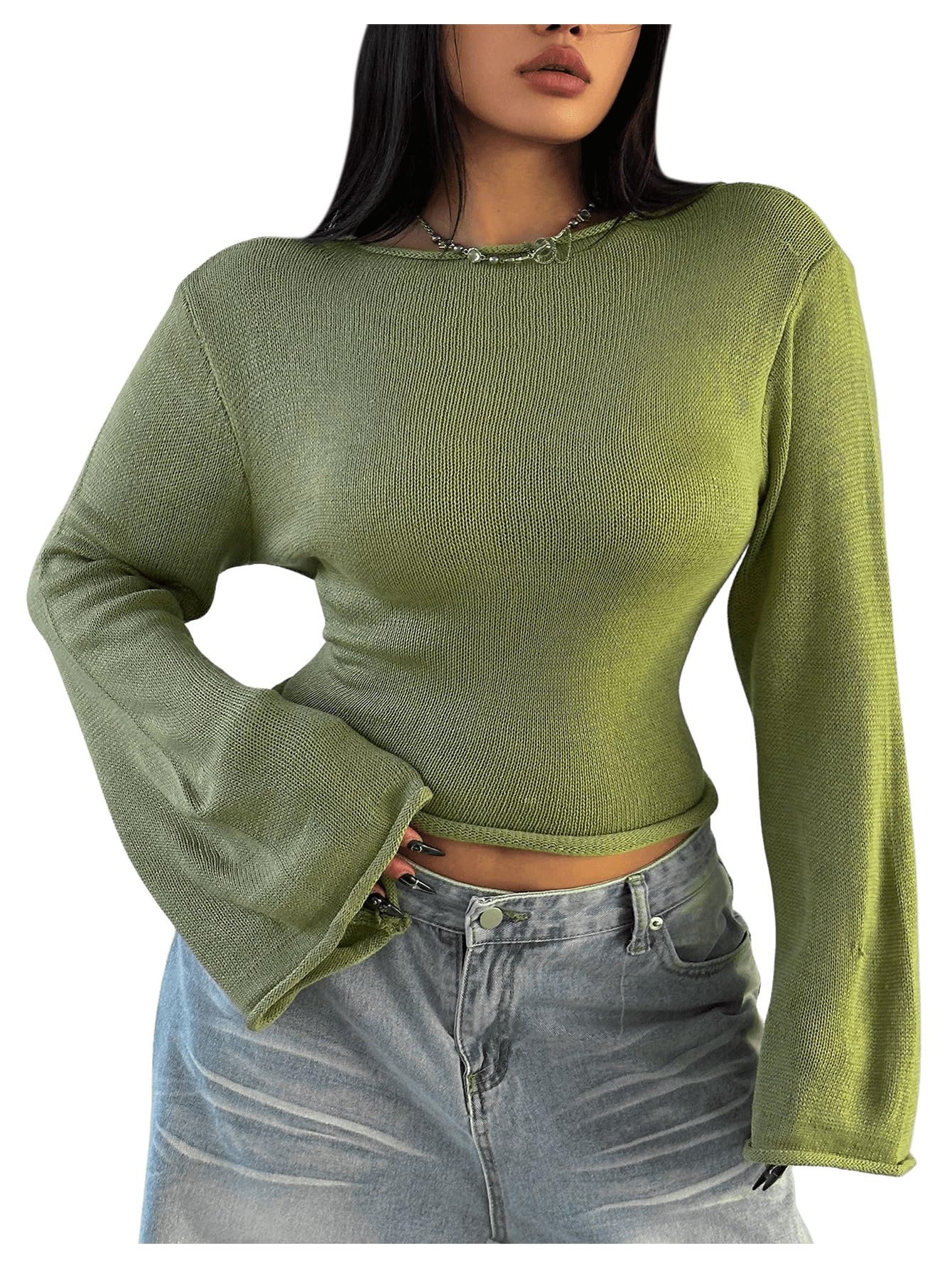 Floerns Womens Plus Size Boat Neck Bell Long Sleeve Cozy Sweaters Cropped Pullovers Fall Outfit