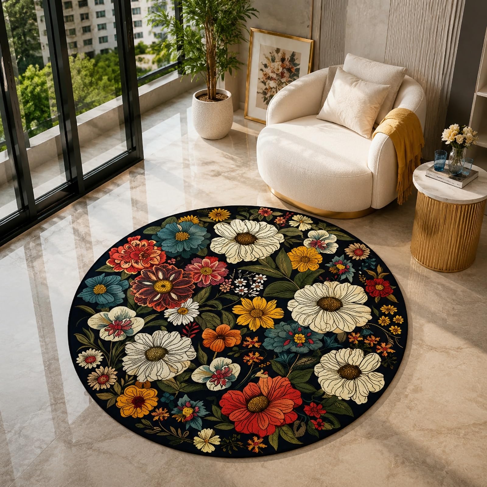 Tapis salon grand rond floral retro multicolore 160 cm de diametre