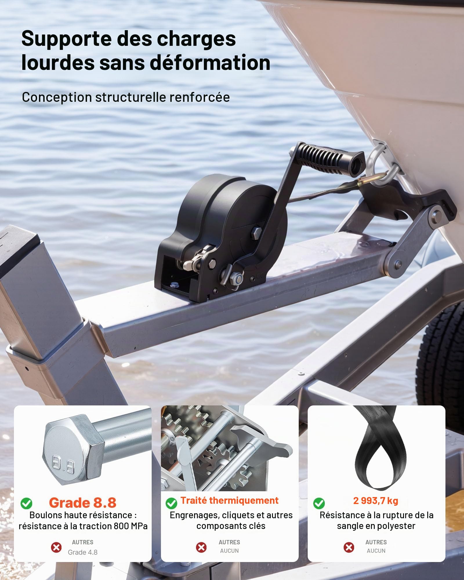 VEVOR Treuil Manuel avec Sangle 726 kg, Treuil Remorque Bateau avec Sangle en Polyester Noire 6,1 m, pour Bateau et Remorque, Cliquet Bidirectionnel, Engrenage Renforcé et Manivelle Antidérapante