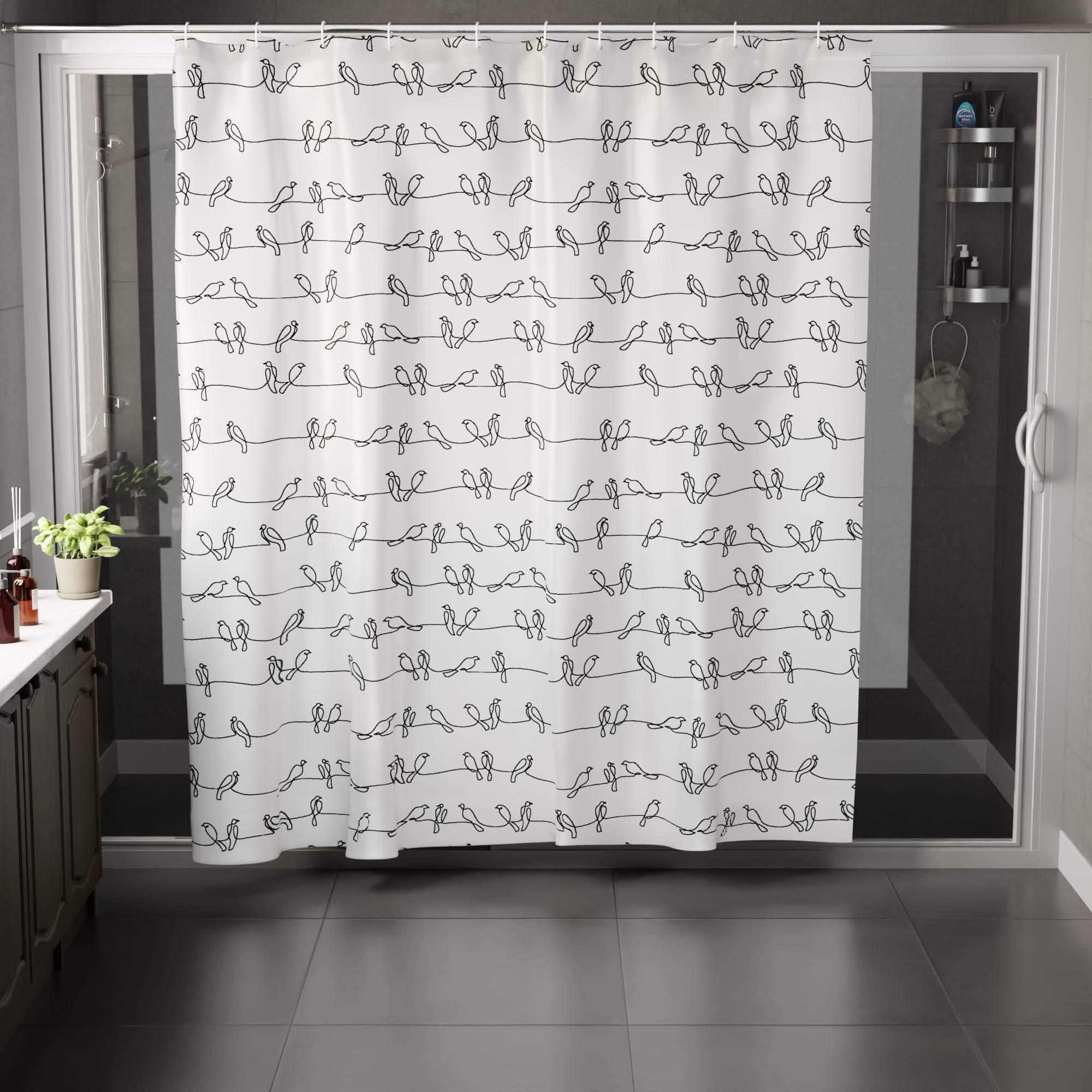 Encasa XO Shower Curtain, Waterproof Polyester, Blackbirds