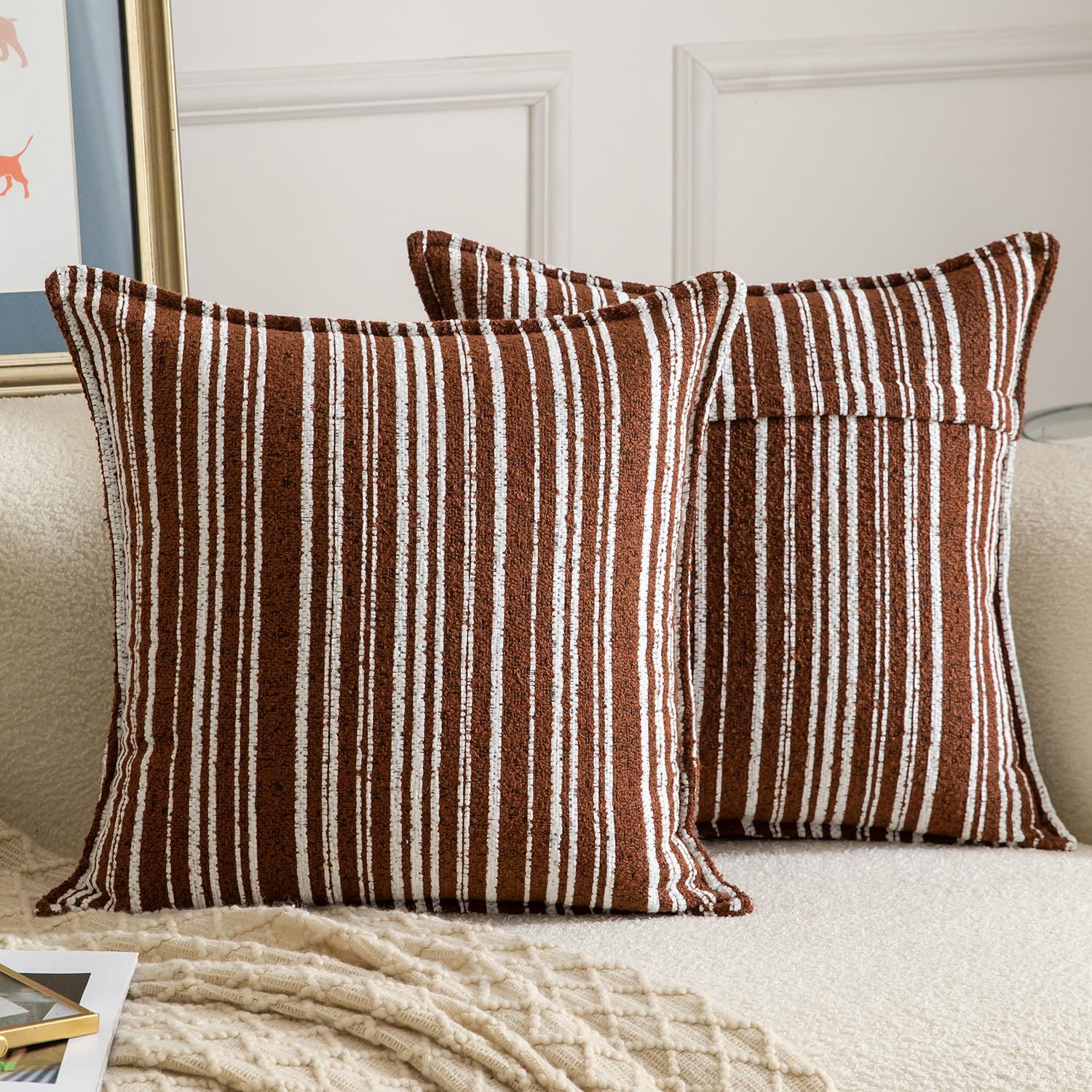 Madizz Decorative Boucle Rust Cushion Covers 40x40 cm Pack of 2 Throw Pillows for Couch Sofa Boho Accent Striped Pillow Cases for Bed Cushion for Bedroom Living Room Modern Home Decor โ image 1