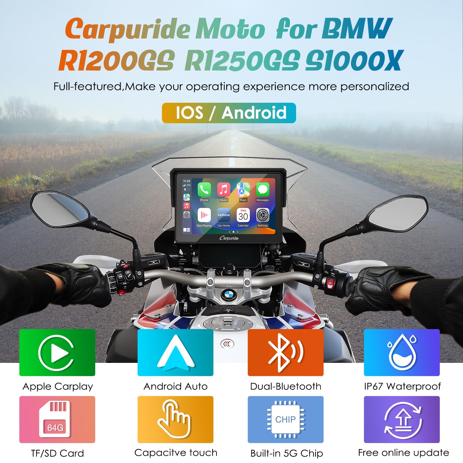 Carpuride w502B motocykl Carplay ekran do motocykla BMW R1200GS R1250GS S1000XR, wodoodporny ekran dotykowy, przenośna nawigacja GPS Carplay/Android do motocykla, podwójny Bluetooth