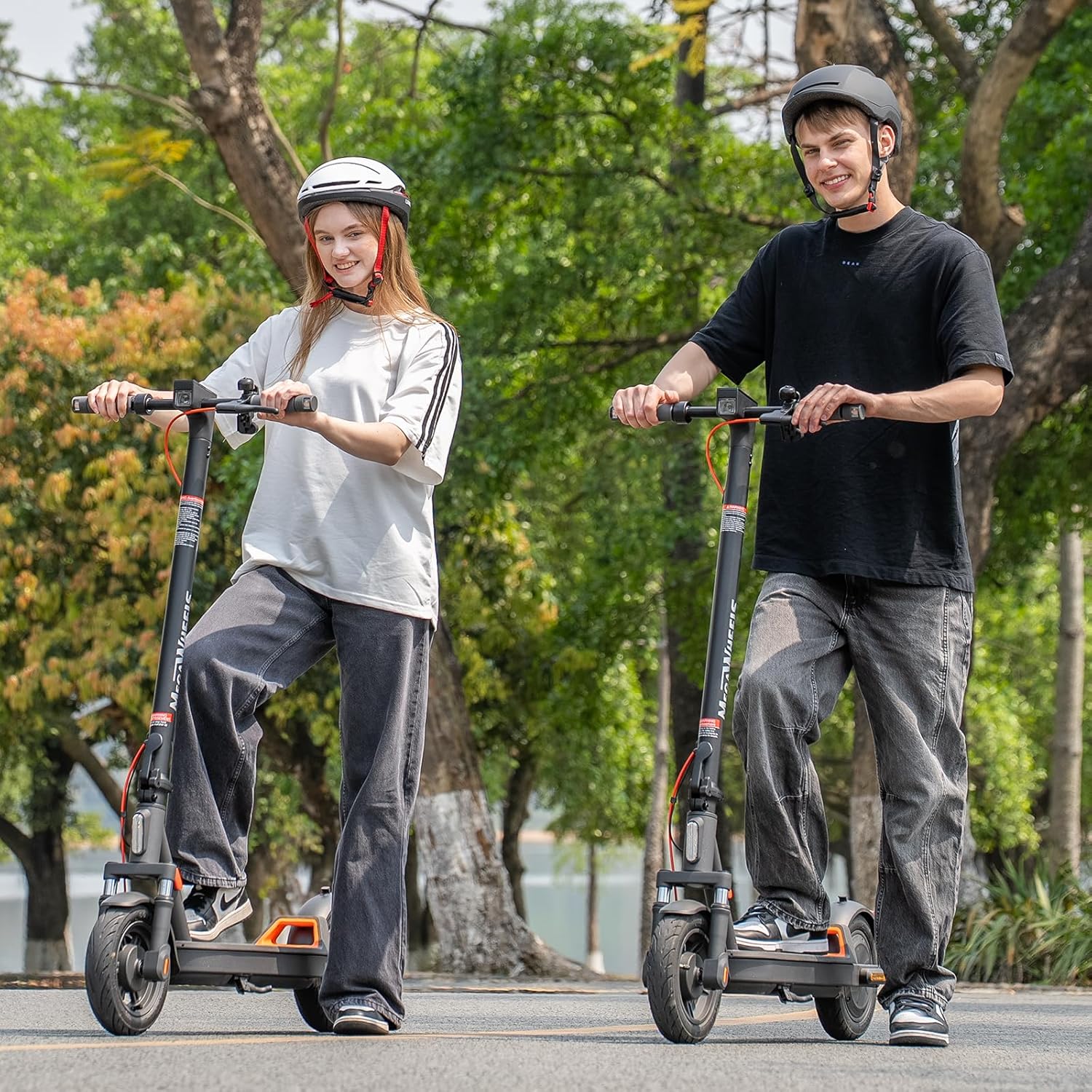 MEGAWHEELS Electric Scooter for Adults with Bag, 28 Miles Long Range, 20 Mph Top Speed, Front Dual Supsension Electric Scooter with Cruise Control, Dual Braking Systems Escooter for Adults and Teens