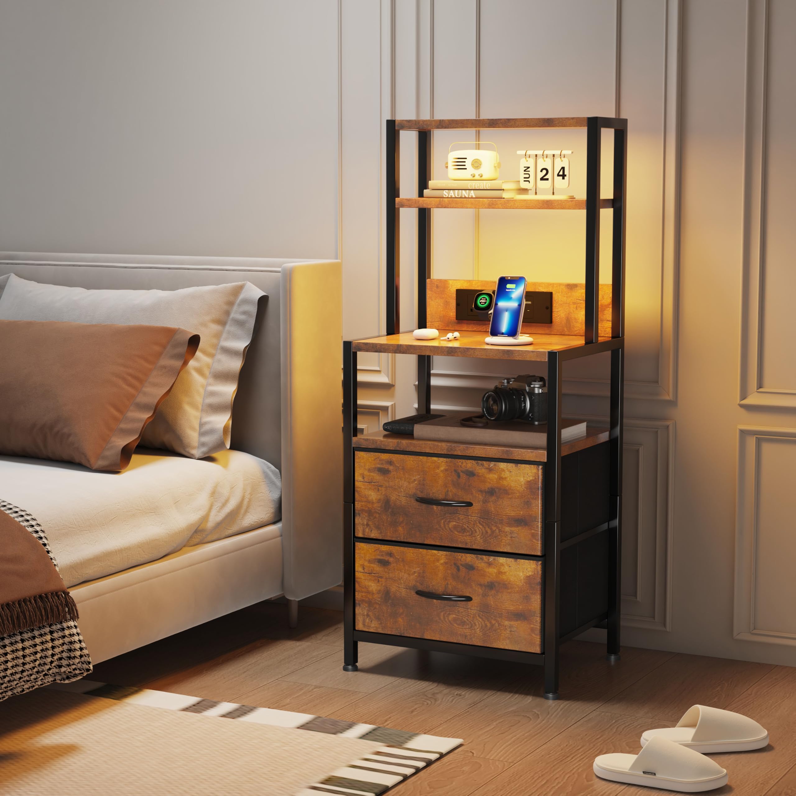 MUTUN Bedside Table with Charging Station and LED Light Strips, Bedside Table with Drawers, Bedside Cabinet for Living Room, Bed Side Table for Bedroom, Brown Furniture-picture-10