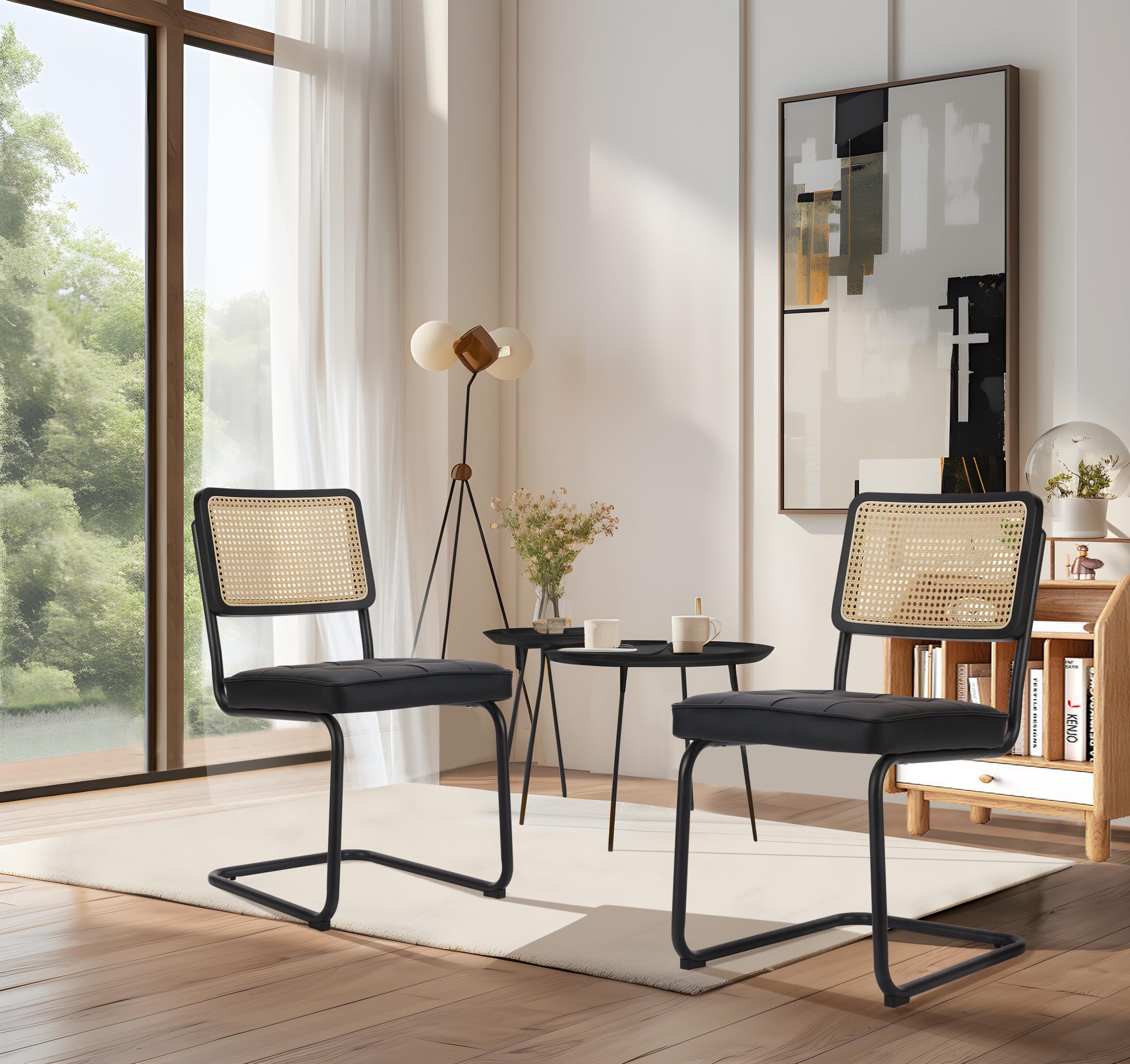 COLAMY Rattan Dining Chairs Set of 2, PU Leather Mid Century Modern Dining Room Kitchen Side Chairs with Metal Chrome Legs and Upholstered Seat for Home, Bedroom - Black