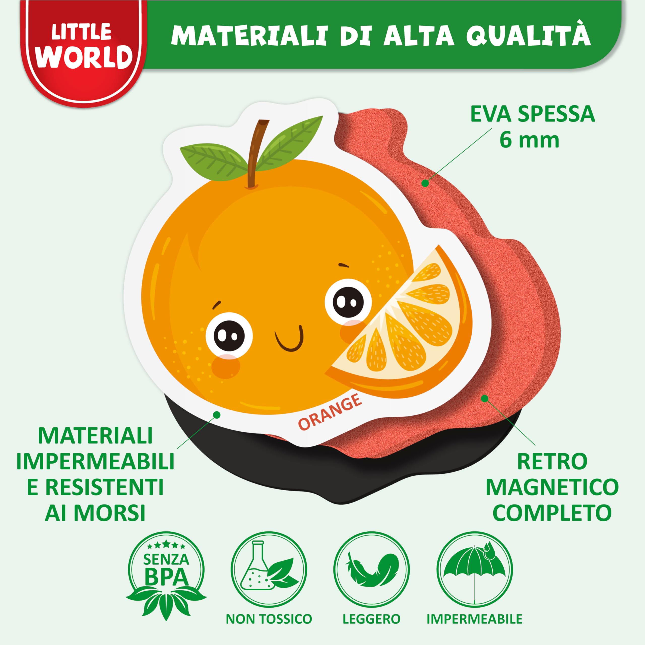 Little World 25 magneti da frigo per bambini da 1 a 3 anni, sicuri, durevoli, impermeabili, in schiuma, con scatola regalo colorata, magneti atossici per frutta e verdura, per bambini e neonati