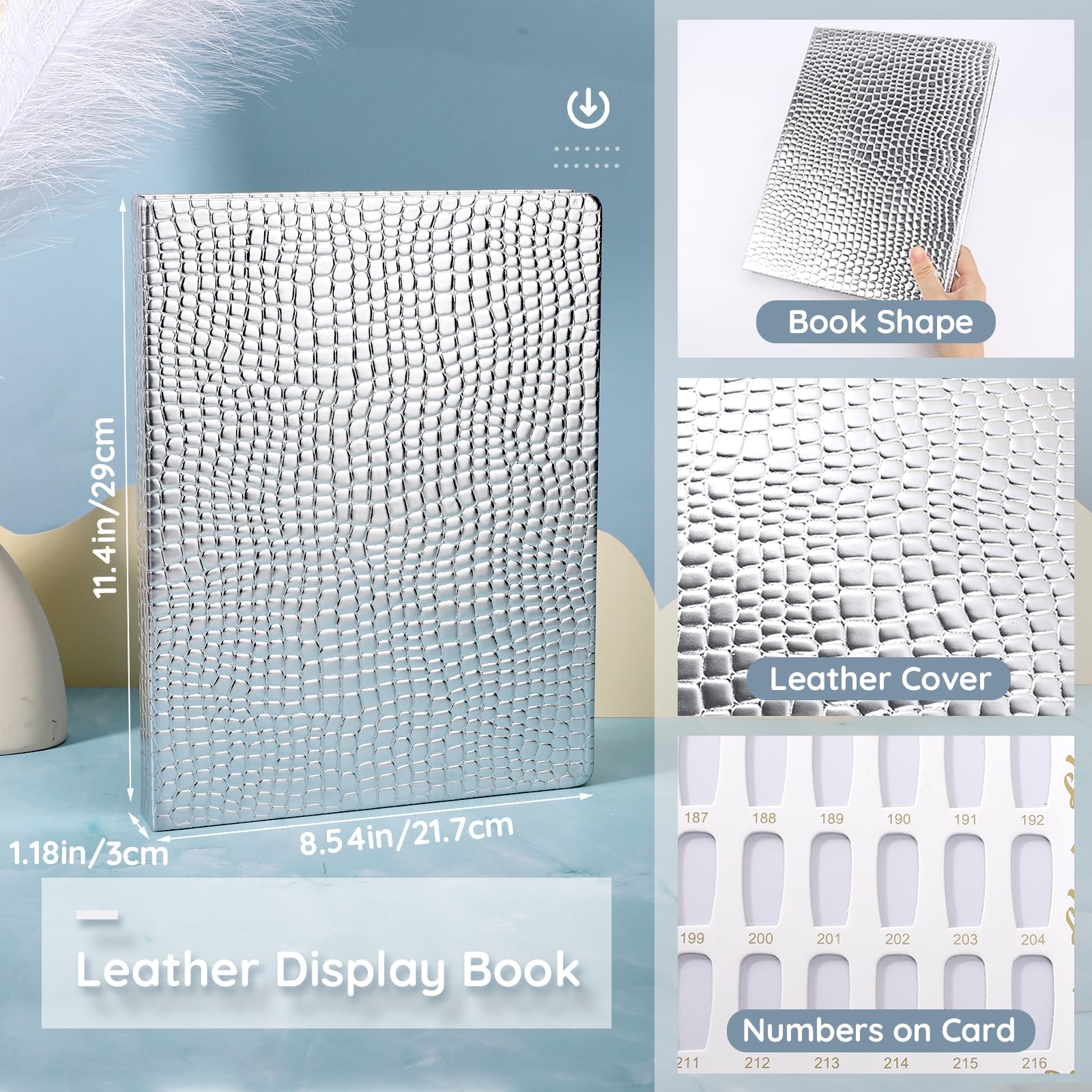 Segbeauty Espositore per Unghie, Libro per Unghie Espositore con 216 Slot per Punte per Unghie e 240 Unghie Finte, Nail Art Che Mostra Mensola, Accessori Unghie (Argentato)