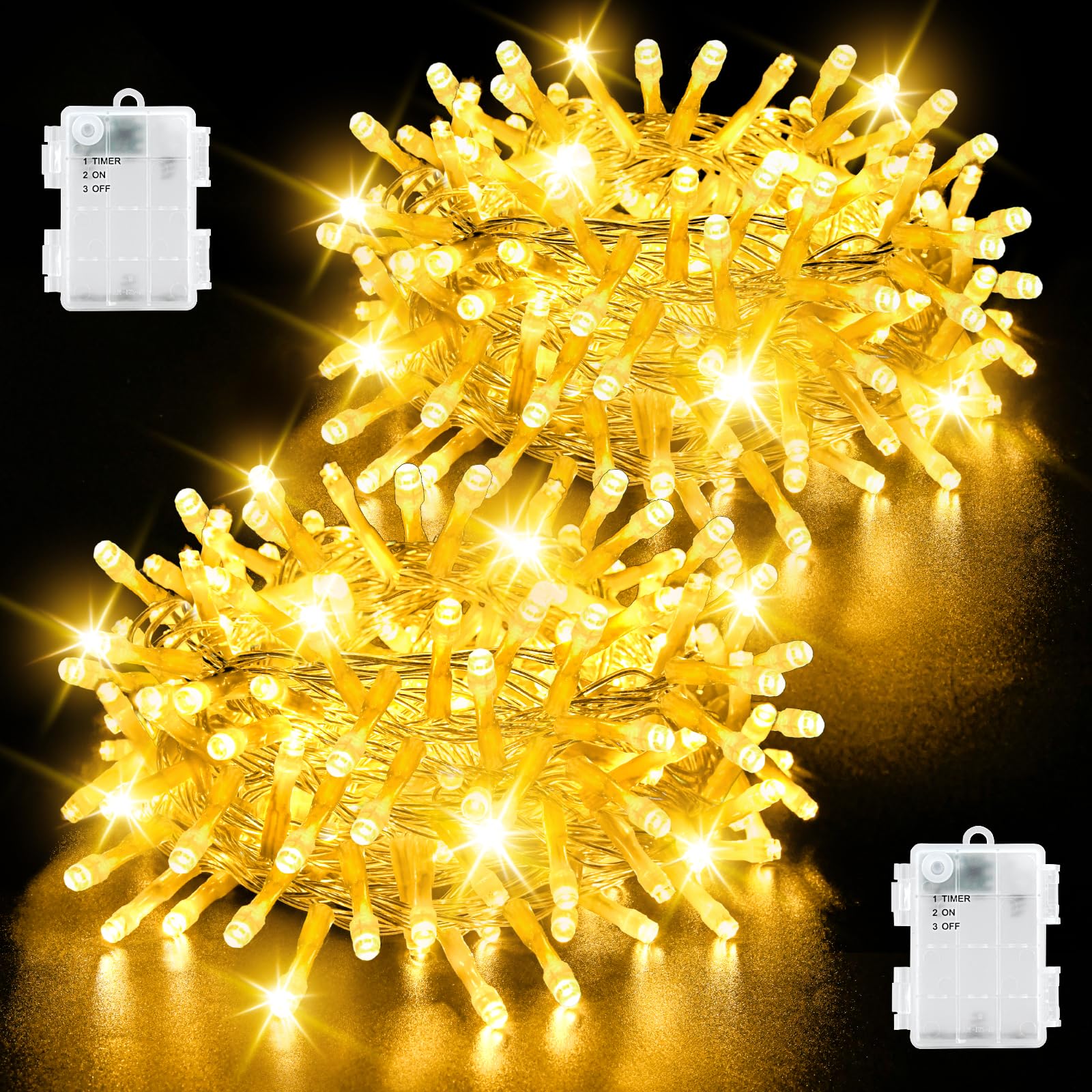 cshare Fairy Lights Battery Operated, 2Pack 5M 50LED Fairy Lights with Timer, Waterproof for Garden Christmas Bedroom Indoor Outdoor Decorations-Warm White