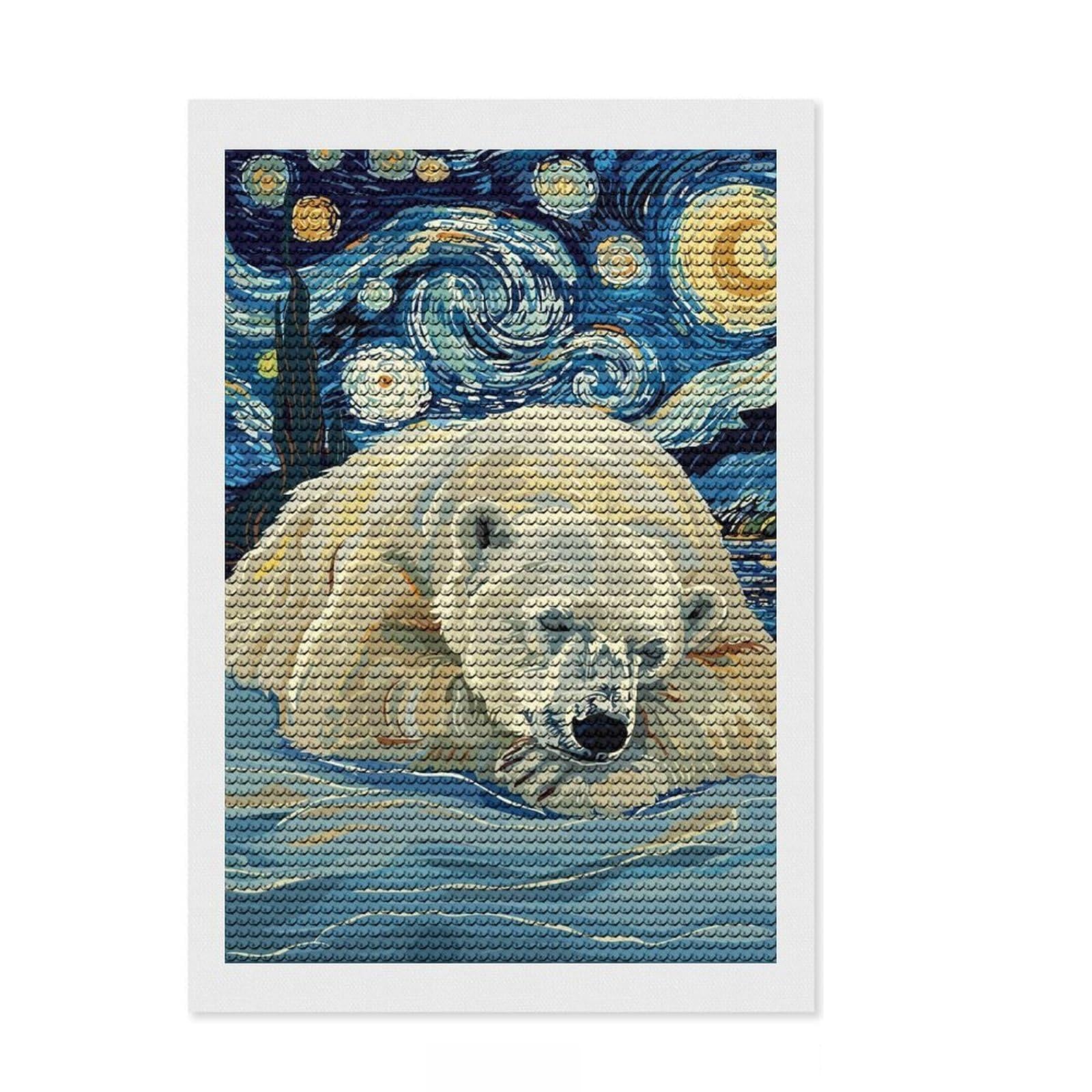 Junmoney Polar Bear Starry Night Art Round Drill Diamond Painting 8"x12", Full Kit Included, Stress Relief Craft, Home Wall Art, Aesthetic Room Decor