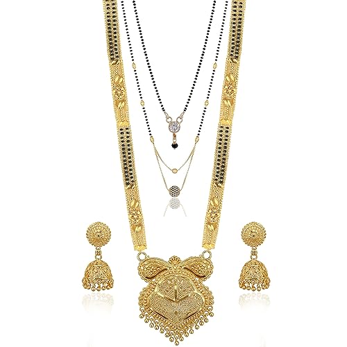 Brado Jewellery Traditional Necklace Pendant Gold Plated Hand Meena 30inch Long and 18inch short with 2 Inch Earring Combo Of 3 Mangalsutra/Tanmaniya/nallapusalu/Black Beads For Women and Girls