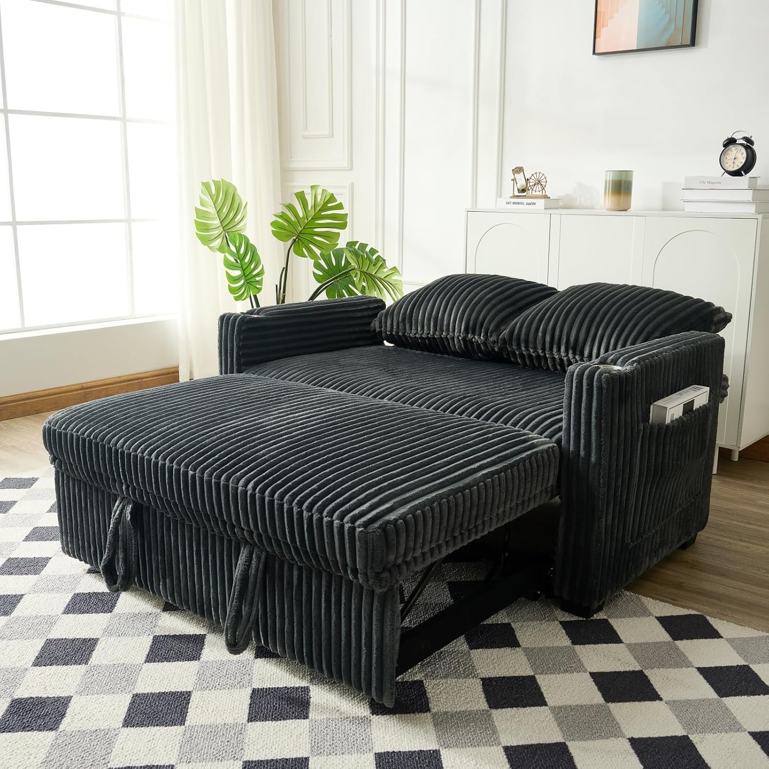 Wrofly 3 in 1 Pull Out Couch, 56 Inch Corduroy Sofa Bed, Convertible Loveseat Sleeper Sofa for Living Room, Adjustment Backrest Upholstered Couch Bed with 2 Side Pockets, USB, Cup Holder, Dark Grey