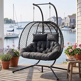 Double Egg Chair Outdoor with Stand, 2 Person Hanging Egg Chair Swing, Handwoven Braid Rope Rattan, Heavy Duty 800lbs Foldable Rocking Basket with Washable Cushions for Balcony, Black