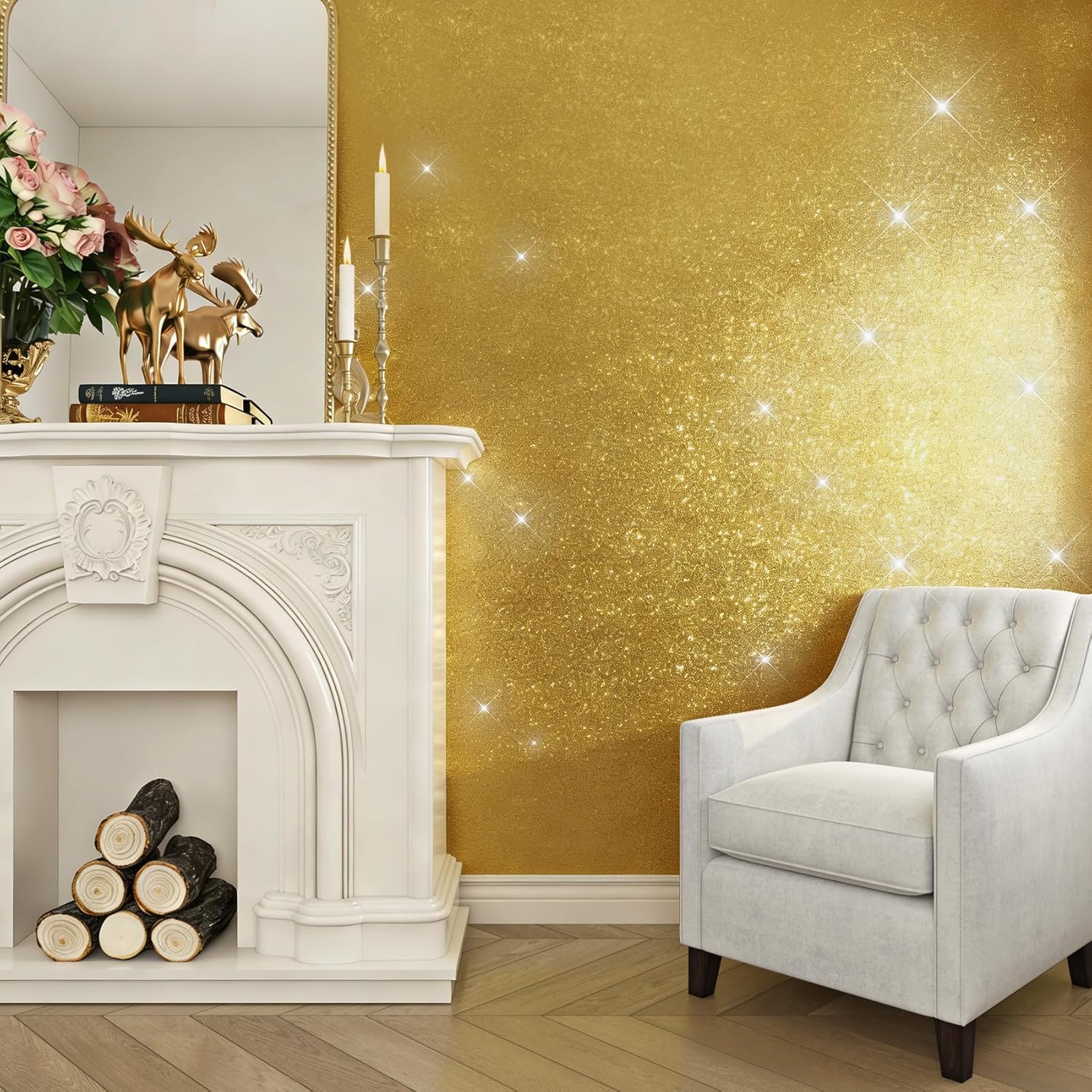 Livelynine 15.8x197 Gold Glitter Contact Paper Peel and Stick Textured Shiny Gold Contact Paper for Cabinets Decorative Yellow Glitter Vinyl Fabric Luxury Wallpaper for Bathroom Dining Room Accents