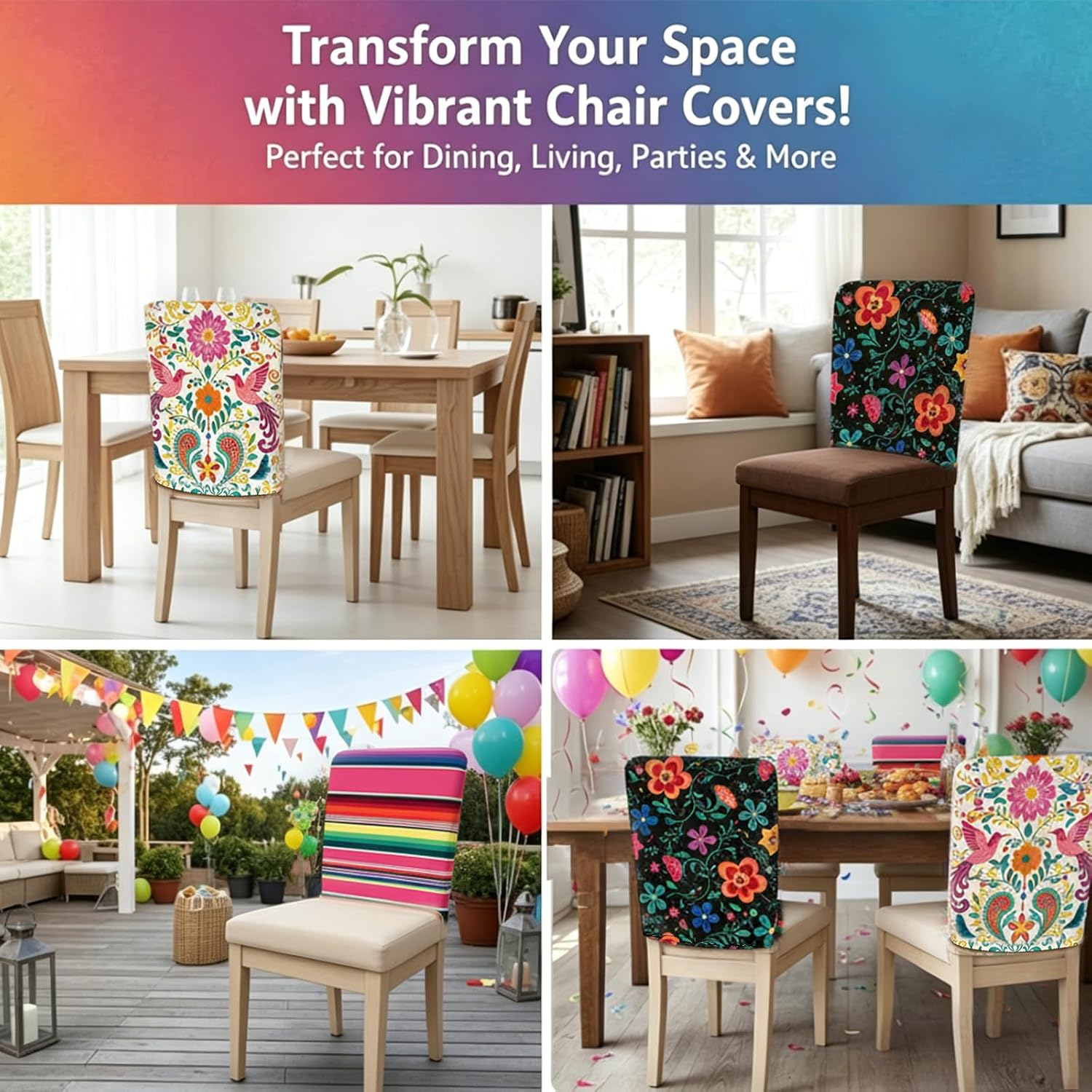 Mexican Chair Covers Set with Elastic of 6-Dining Room Chair Back Covers, Mexican Farmhouse Removable Chair Protectors, Idealfor Dining Room, Kitchen, Party, and Banquet Decoration