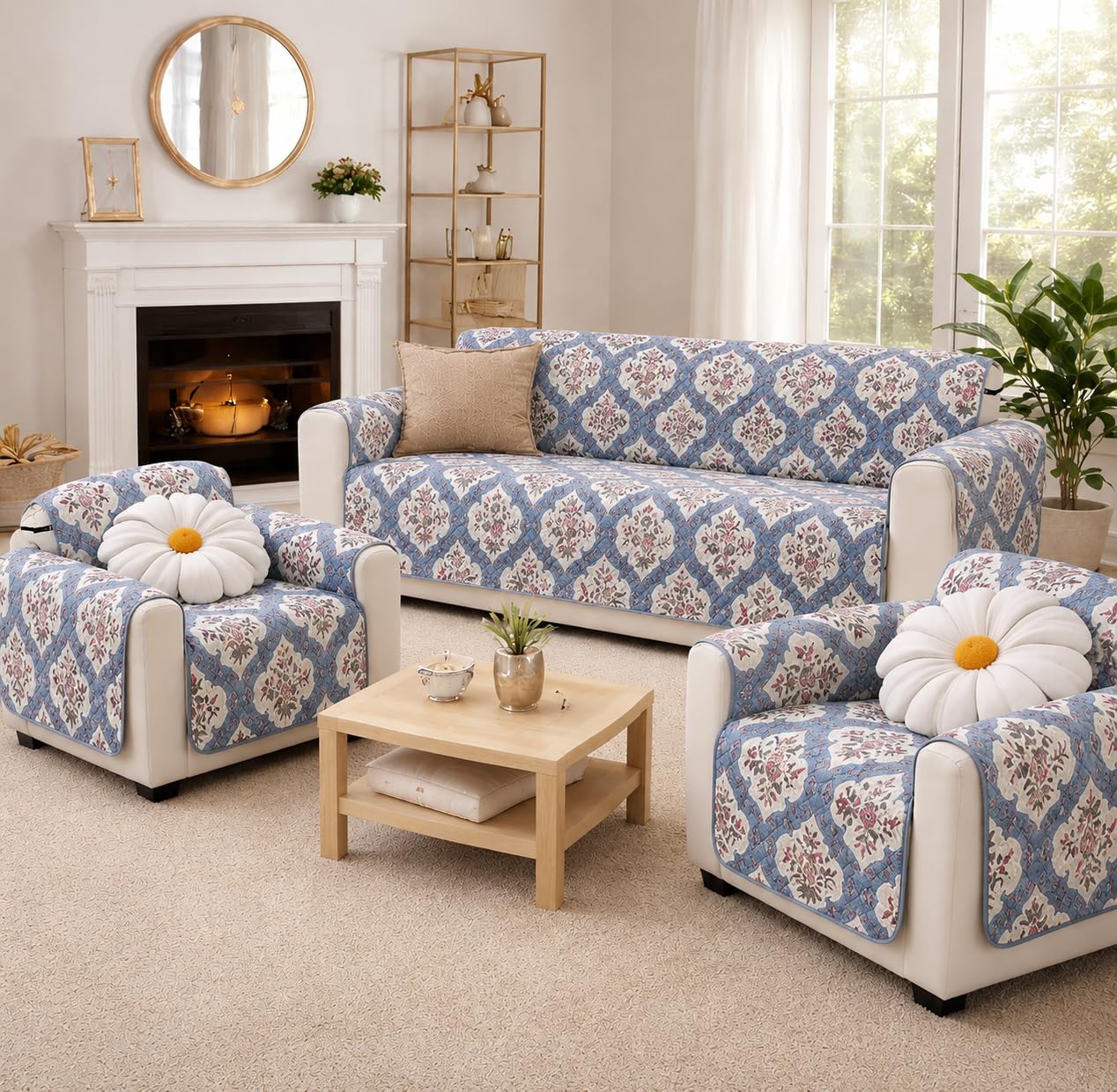 Premium Cotton Quilted Sofa Cover 5 Seater | 3+1+1 Sofa Cover Set with Deep Side Storage Pockets | Soft Stylish Aesthetic Sofa Slipcover | Protector (Regal Sapphire)-image-5