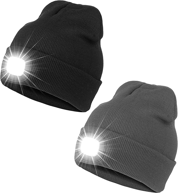 Attikee LED Lighted Beanie Cap for Adults 2 Pack, Rechargeable 4 LED Headlamp Hat, Unisex Winter Knit Hat Torch for Running Cycling Camping, Christmas Gifts for Men Dad Women Teens
