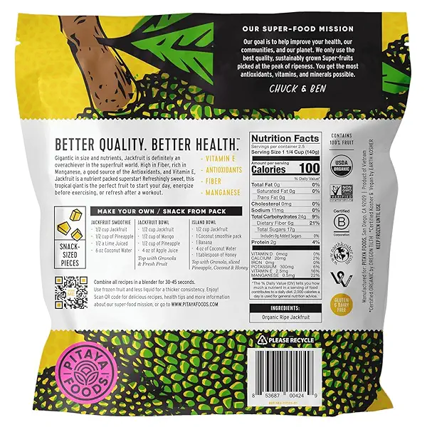 Pitaya Foods - Organic Ripe Jackfruit Bite-Sized Pieces, Pre-Packaged Frozen Fruit, No Added Sugar or Preservatives, Good Source of Fiber, Antioxidants, & Calcium, 100% Fruit, Non-GMO (12 oz Per Bag) 2