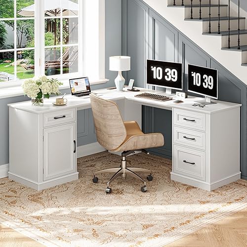 Miniatura 7 de Vabches Farmhouse - Escritorio ejecutivo en forma de L de 59 pulgadas con cajones, escritorio esquinero de madera para oficina en casa con estación