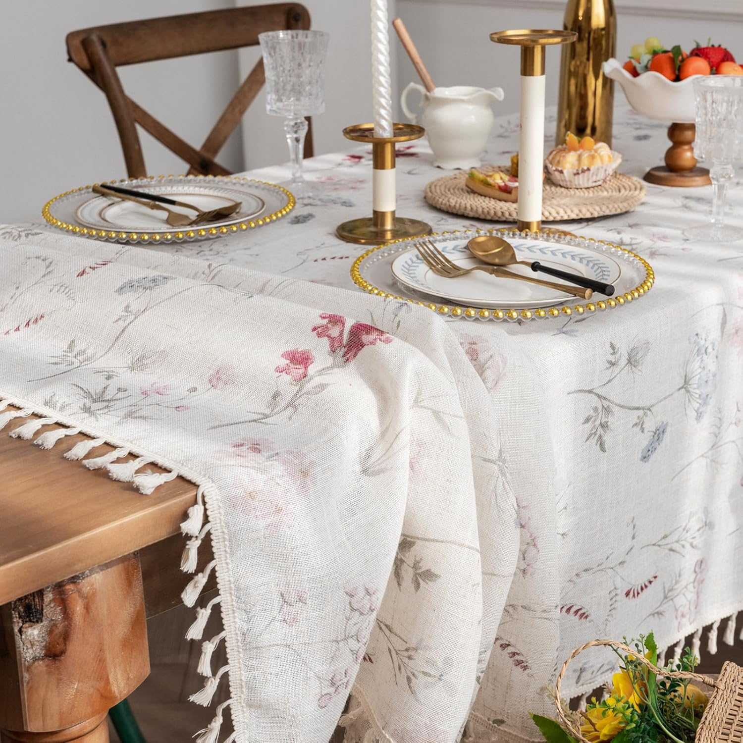 RoomTalks Boho Floral Tablecloth Rectangular Vintage Farmhouse Rustic Country Dining Coffee Outdoor Patio Table Cloths - Waterproof Stain Resistant, Faux Linen Cute Botanical Wildflowers Table Cover