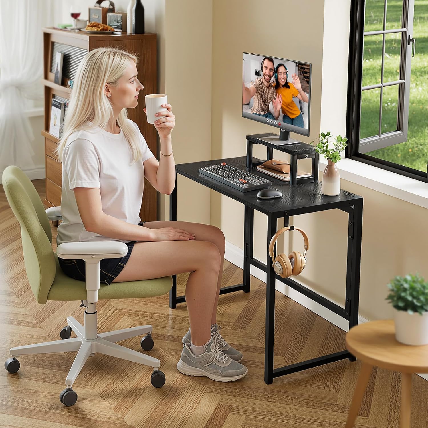 GreenForest Folding Desk with Monitor Stand, 31.5 Inch Foldable Computer Desk with Hook and Storage, Sturdy Small Space-Saving Writing Work Table for Home Office Dorm, Black