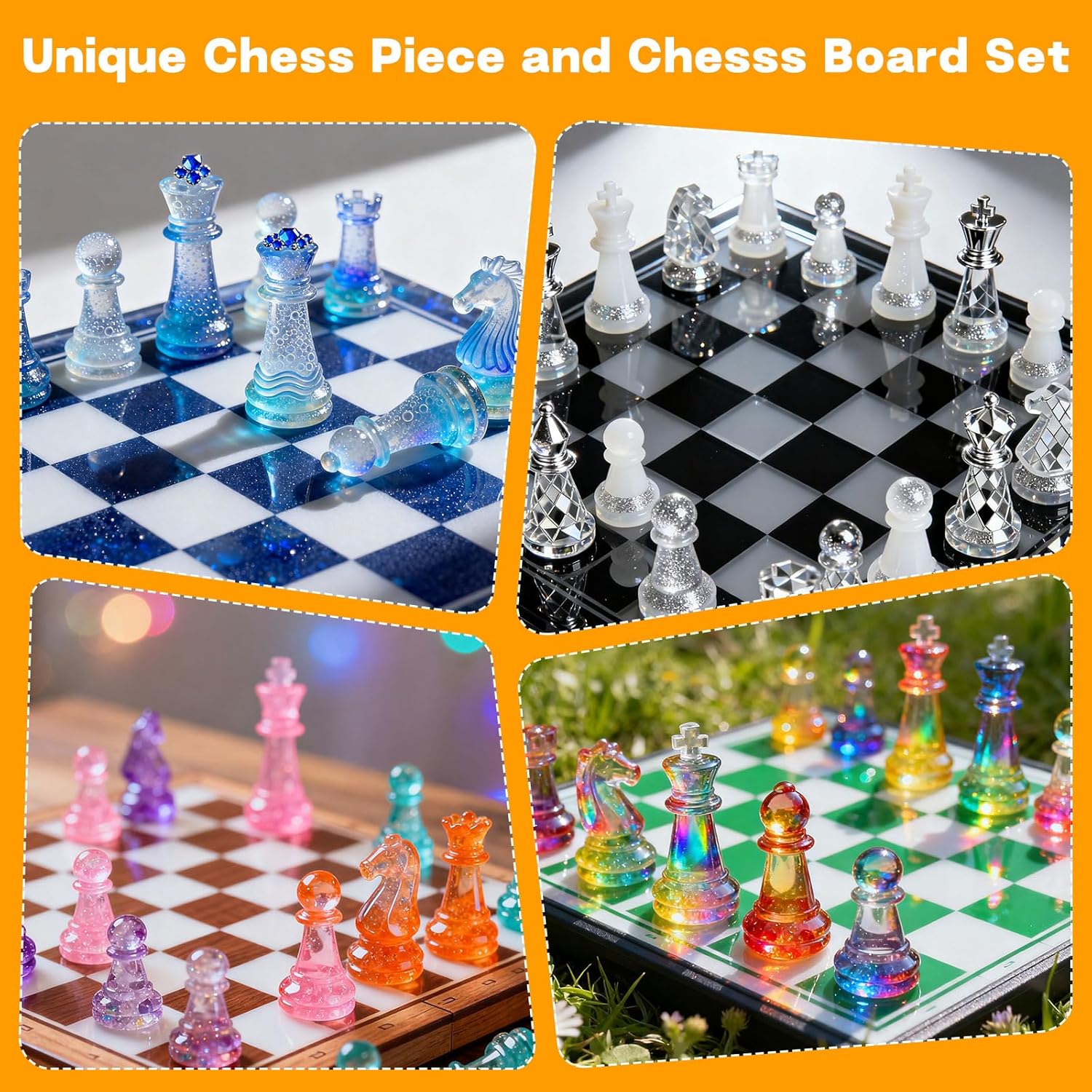 Resin Chess Set Mold with 1Pack Chess Piece Holder, 16 Pieces Full Size 3D Silicone Chess Molds 1 Chessboard Mold for Epoxy Resin Casting, DIY Chess Board Game and Home Decoration Family Party