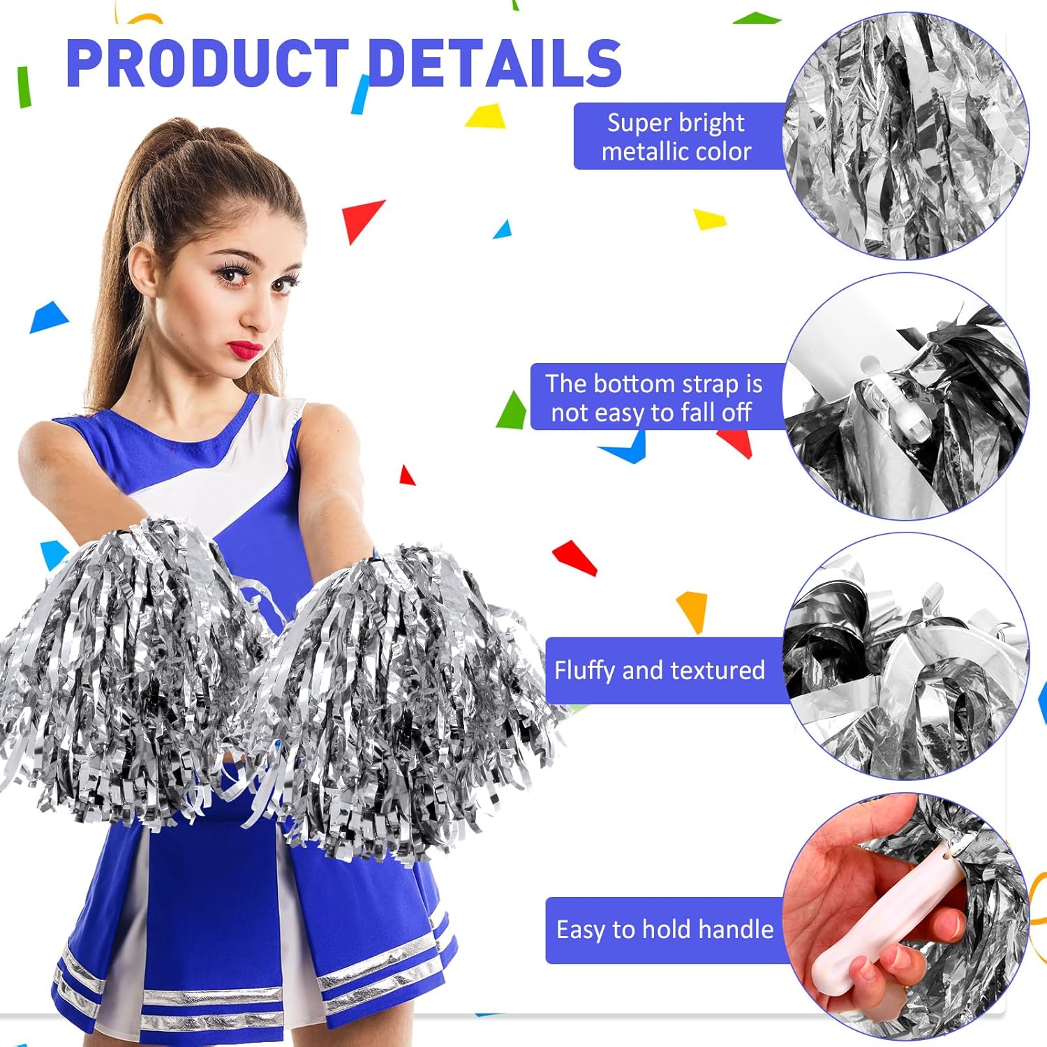 100 Pack Cheerleading Pom Pom Bulk Football Game Cheerleader Pompoms Plastic Cheering Hand Flowers with Handle for Sports Dance Match Team Cheerleading Squad(Silver)
