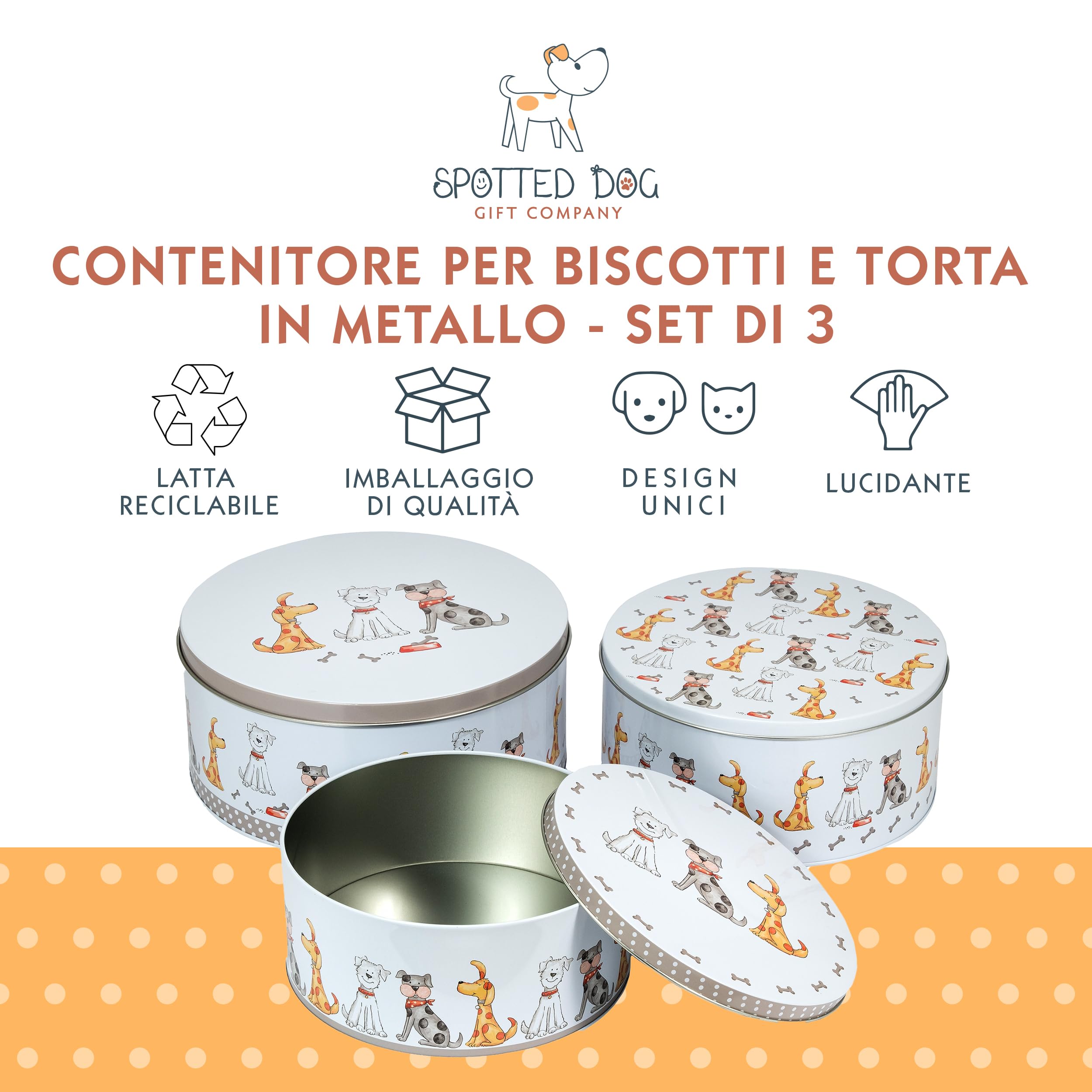 SPOTTED DOG GIFT COMPANY Set di 3 Scatole di Latta, Contenitori Impilabili per Biscotti in Metallo, Barattoli di Latta Rotondi Ermetici per Conservare Torte e Alimenti, Piccoli Medi Grandi - Cani
