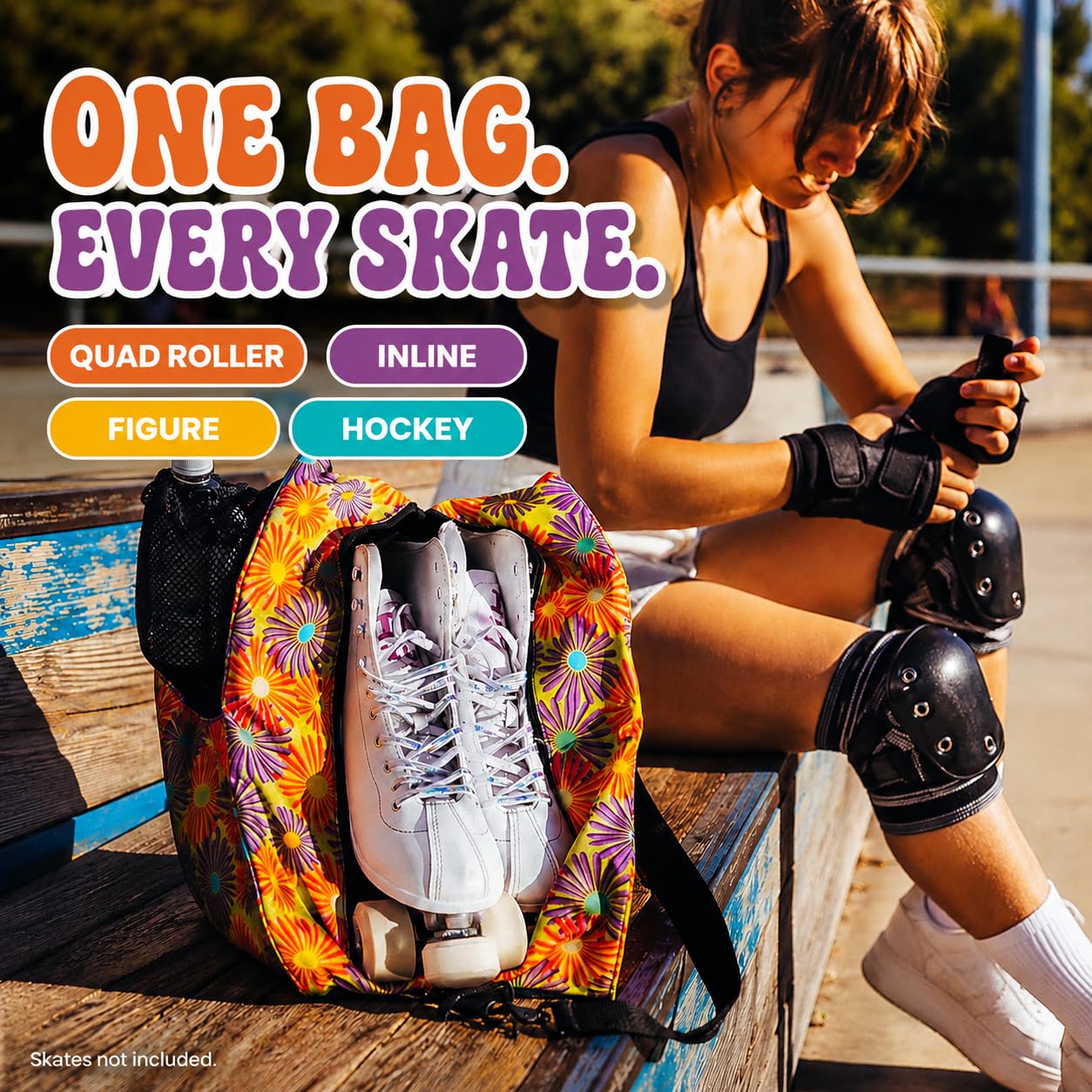 Fydelity Cute Roller Skate Bags for Women; Ideal Quad Roller Skate Bag or Roller Skate Bags for Girls; Use as Ice Skating Bag, Figure Skating Bag, Ice Skate Bags for Girls w/Clip-On Water Bottle Bag