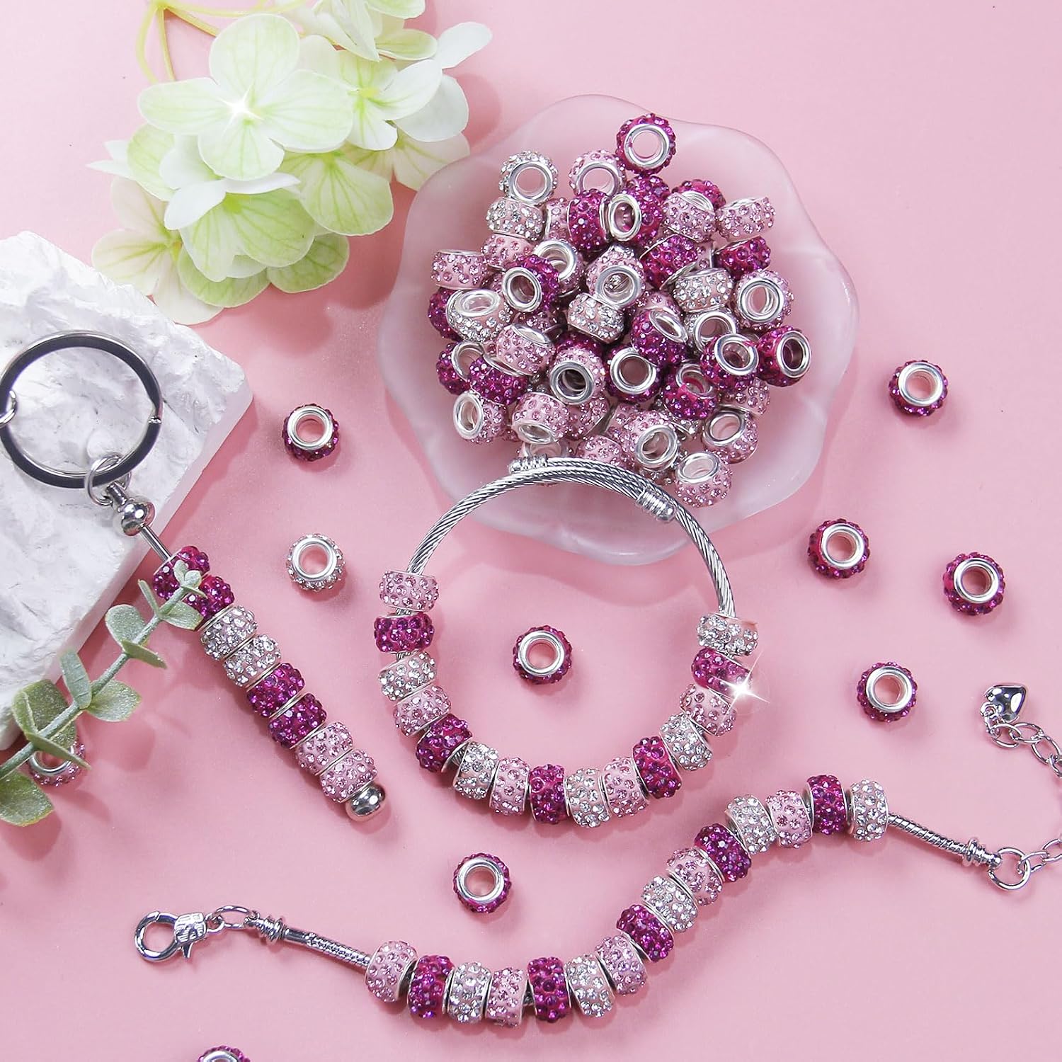 52 Pcs Rhinestone Large Hole Beads Spacer Bead Pink White Rose Red Shiny Rhinestones European Beads Large Hole Sparkle Crystal Lampwork Fairy Wand Garden Bead for DIY Pen Bracelet Jewelry Making image 3