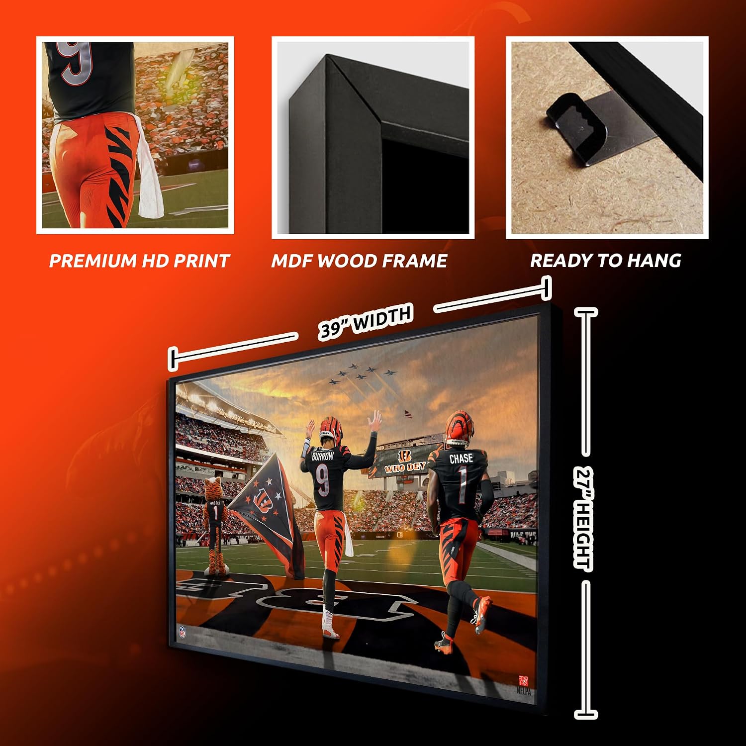 Sporticulture NFL American Football Framed Wall Art - Cincinnati Bengals - Ja'Marr Chase - Joe Burrow - Picture Poster for Boys Bedroom and Man Cave Decor, Ready to Hang, Black 14" x 20", Small