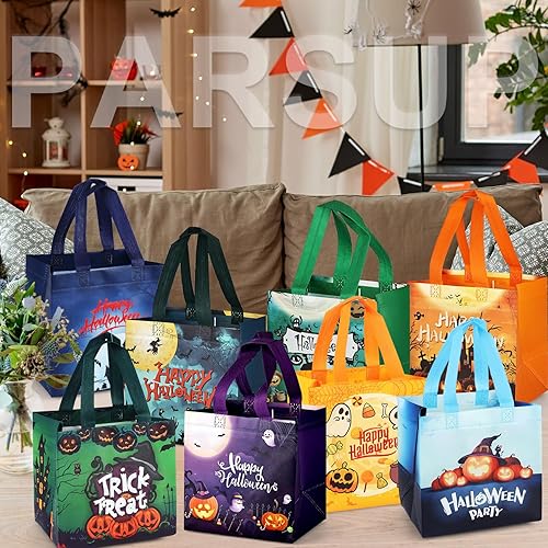 Miniatura 6 de PARSUP 16 bolsas bronceadoras de Halloween para dulce o truco, bolsas de Halloween con asas, bolsas de regalo metálicas, bolsas de Halloween no