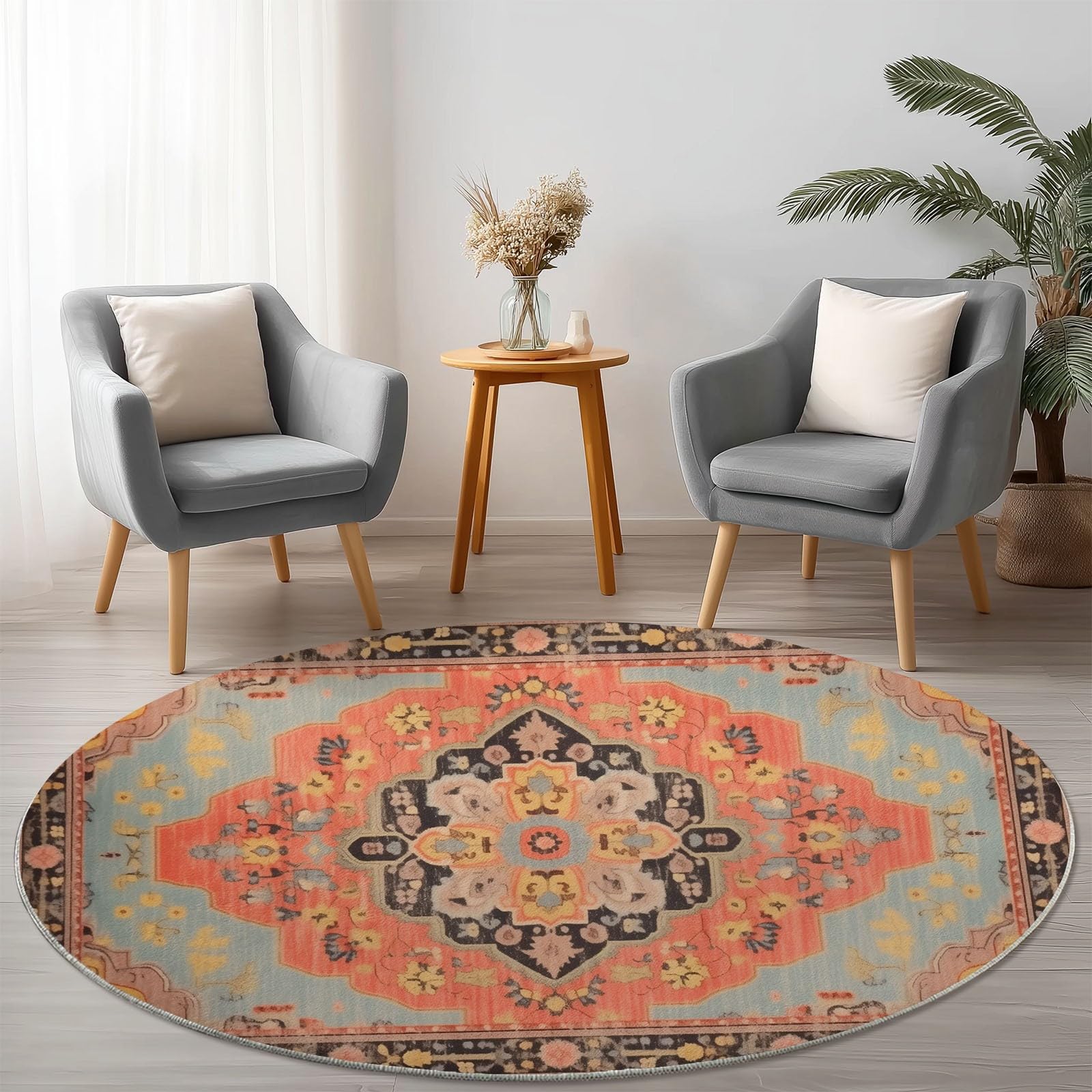 Tapis rond vintage à poils courts 100cm antidérapant marron bleu pour cuisine et bureau