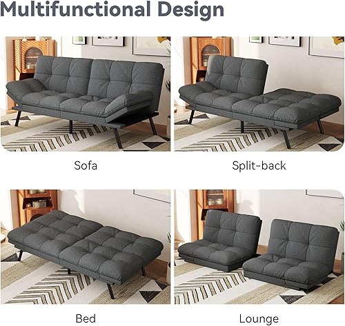 Miniatura 42 de Vyfipt Sofá cama tipo futón, sofá pequeño de espuma viscoelástica de piel sintética para sala de estar, sofá biplaza moderno con reposabrazos Negro