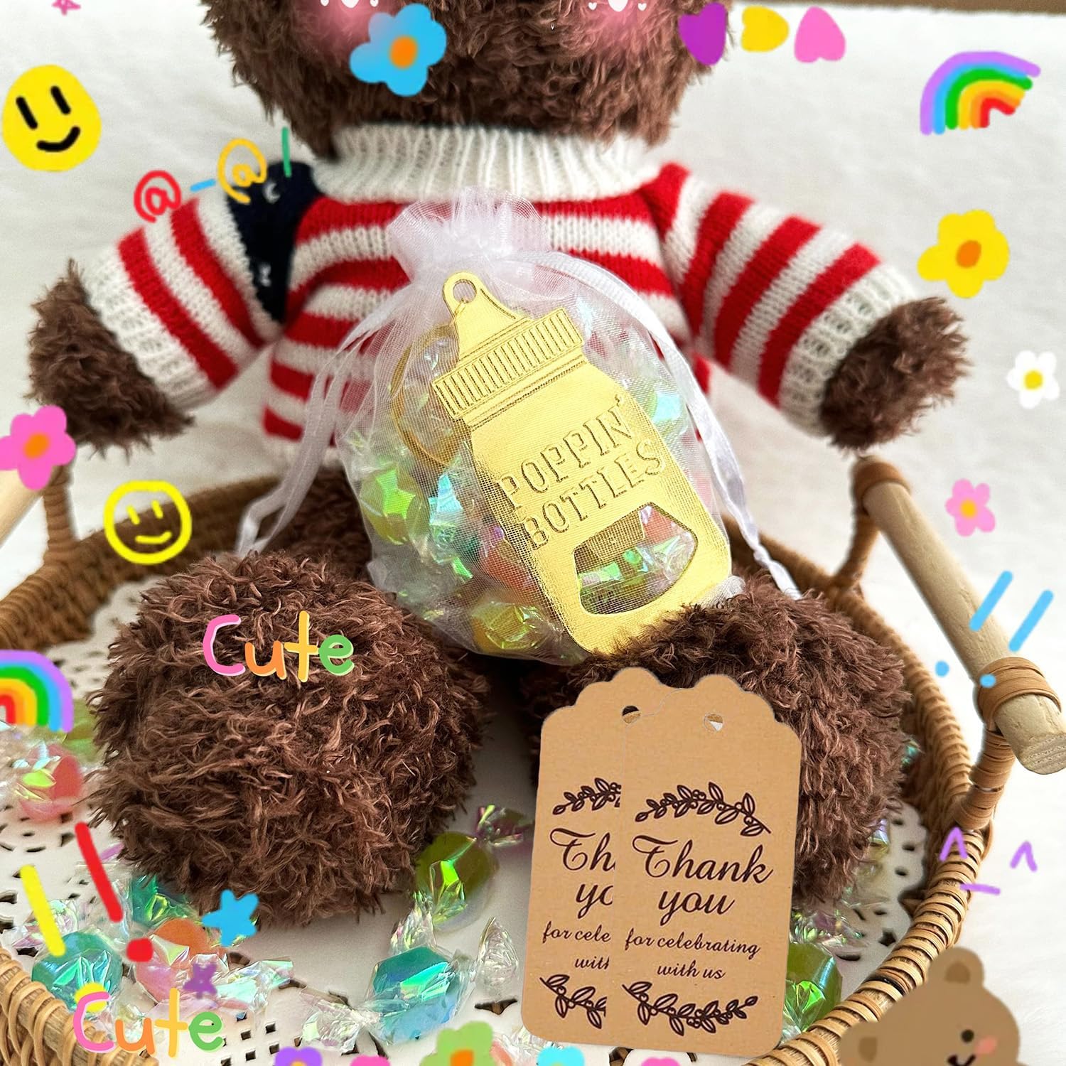 20 PCS Keychain Bottle Openers, Organza Bags and Thank You Kraft Tags for Baby Shower Favors, Wedding Favors, Birthday Party Favors Gifts and Decorations