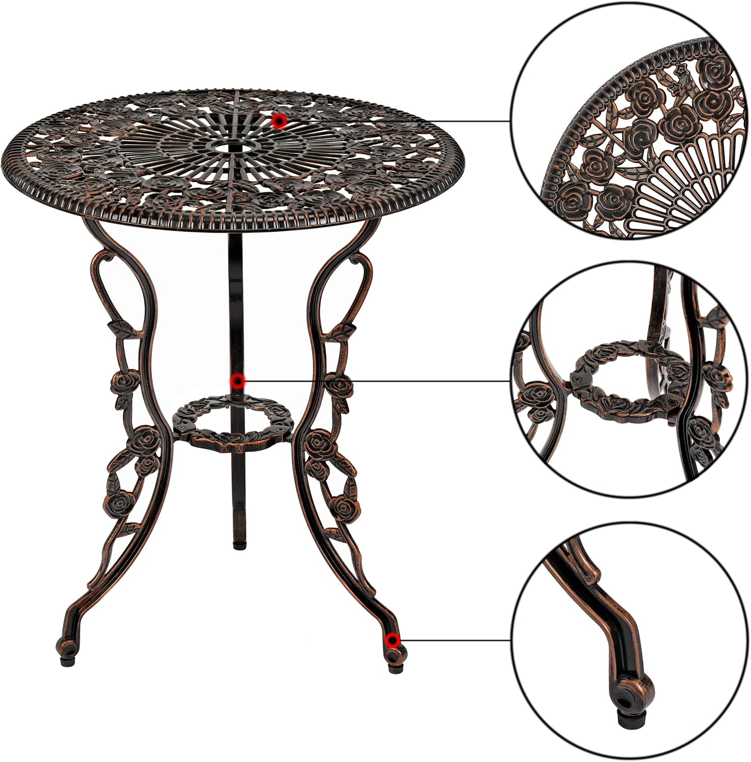 Patio Bistro Set 3-Piece Outdoor Cast Aluminum All Weather Rust-Resistant Bistro Table Set w/ 2 Chairs, Umbrella Hole - Rose Style Copper Finish