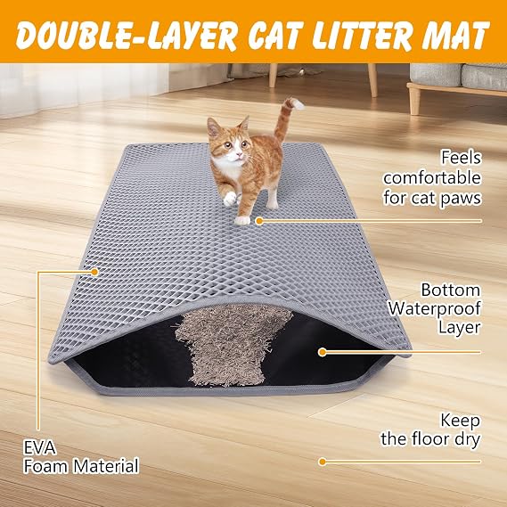 Double Layer Cat Litter Mat, 24x15 Inch Waterproof Litters Box Mat, Non-Slip Cat Mat for Litter Box