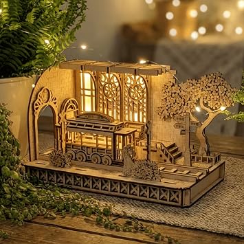 AlgWoodDesign Japanese Tram Station Diorama Ahşap Maket, 116 Parça DIY Japon Tramvay İstasyonu Modeli, Peri LED Dahil, MDF 3D Puzzle, Hobi ve Dekorasyon Seti, 22 x 12,2 x 13 cm