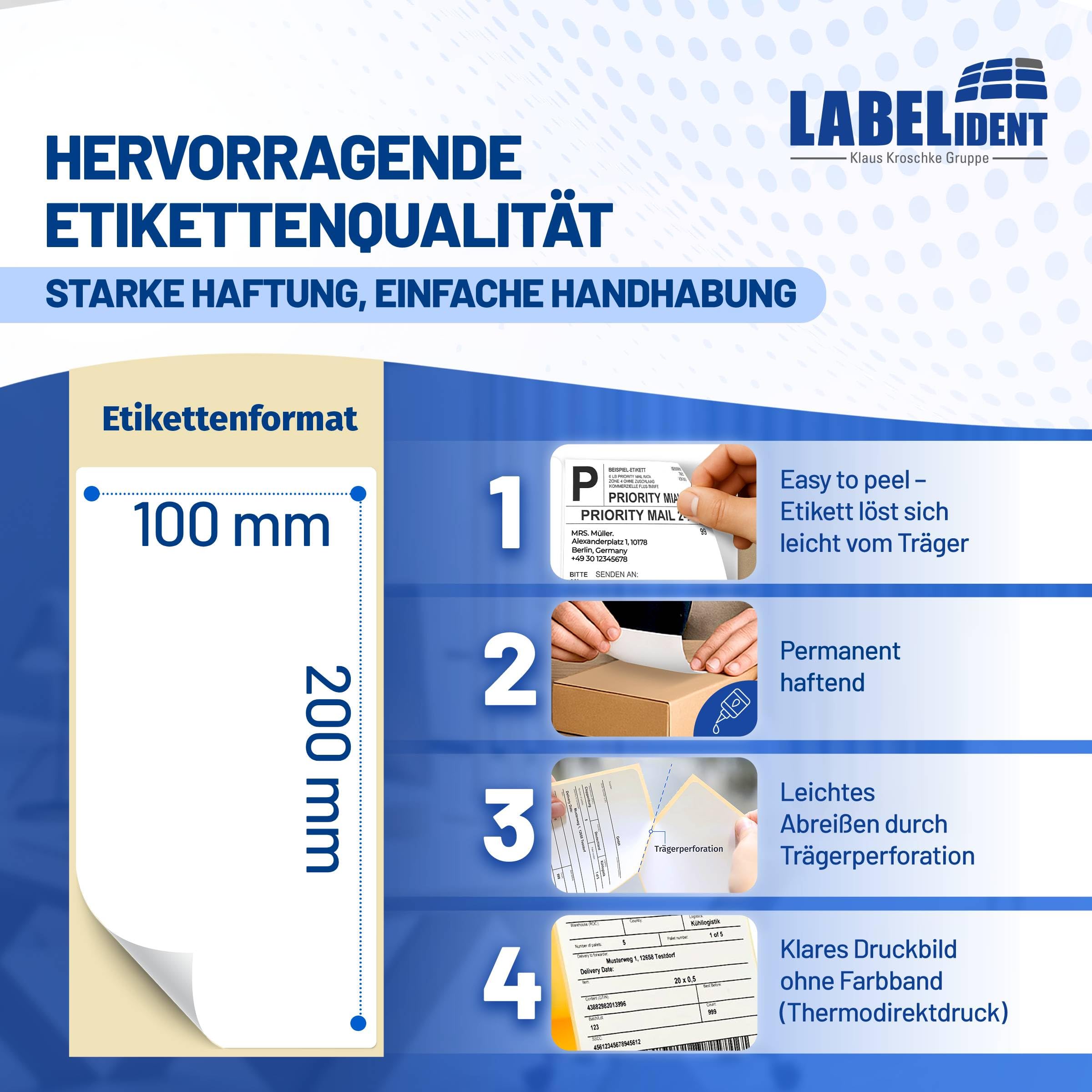 Labelident Versandetiketten 100 x 200 mm - 250 Thermoetiketten auf Rolle | Stark selbstklebende Thermodirekt-Labels für DHL, DPD, FedEx, GLS, Hermes, UPS, Zebra
