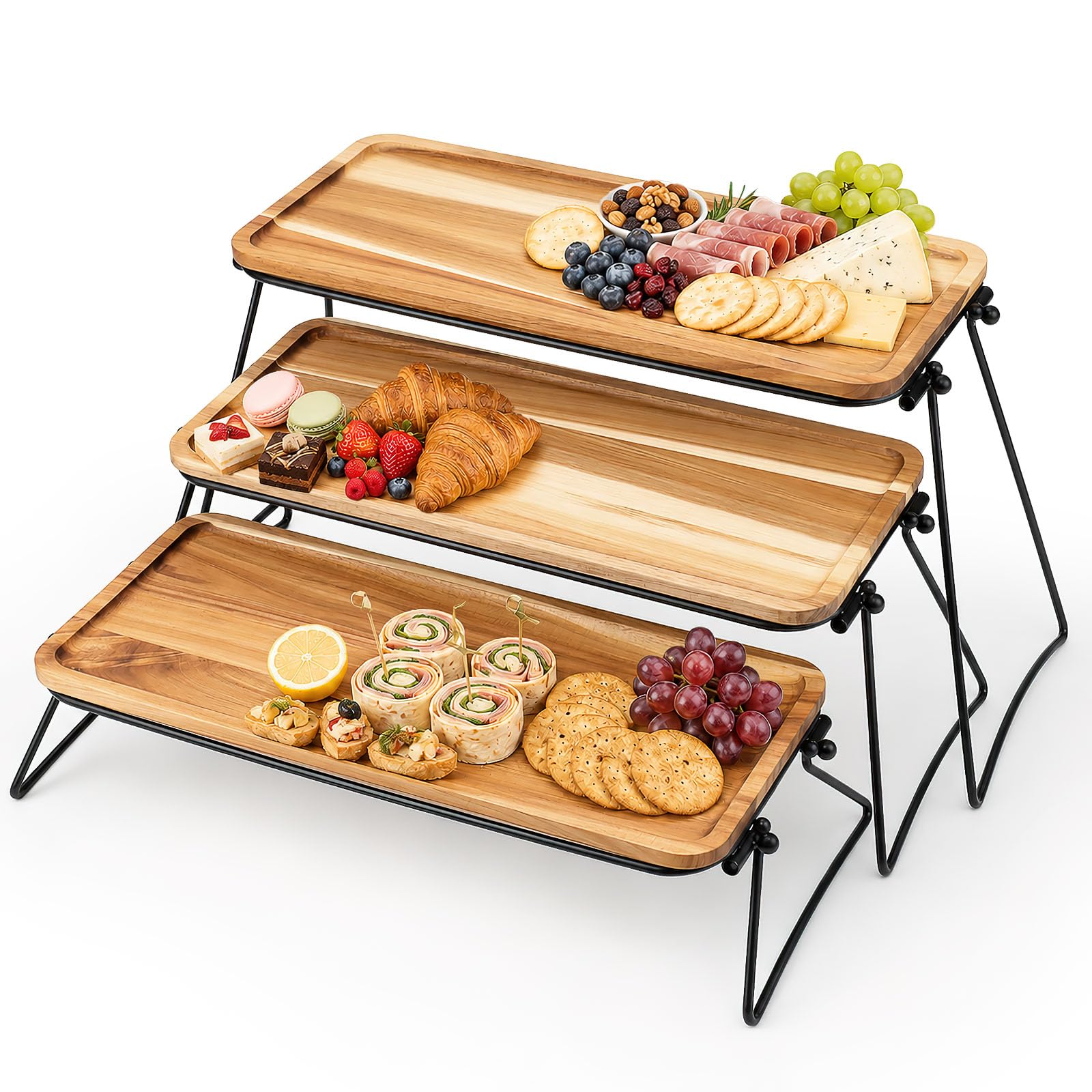 3 Tier Acacia Wood Serving Tray, Cupcake Stand with Metal Frame for Buffet