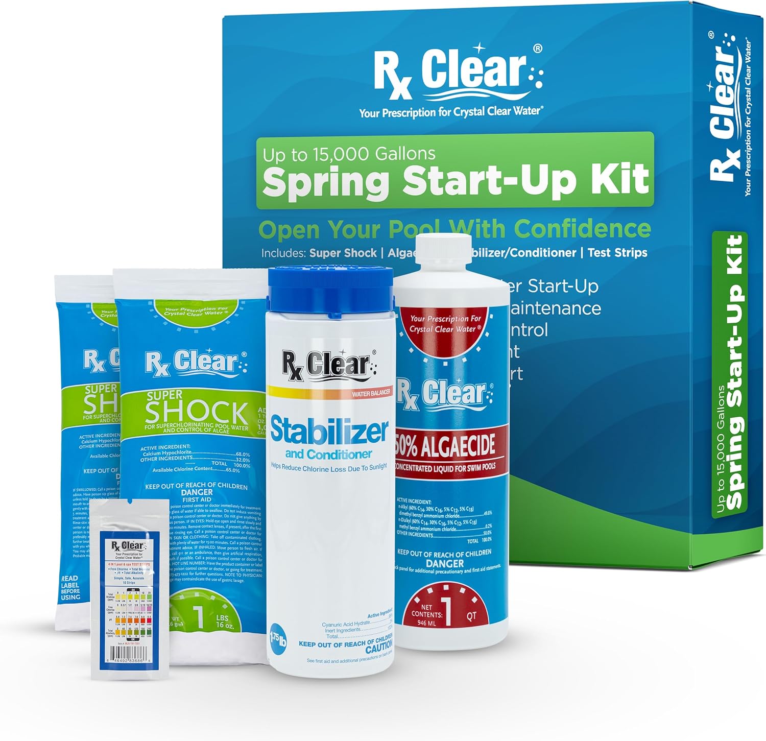 Rx Clear Spring Start-Up Kit | Chemicals for Opening Swimming Pools | Above Ground or Inground Up to 15,000 Gallons | Includes Shock, Algaecide, Stabilizer/Conditioner and Test Strips