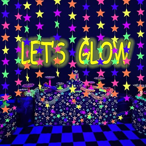 Guirnalda de papel de neón de estrella de 108 pies, suministros de fiesta con serpentinas de neón para luz negra, accesorios de fiesta, pancarta de