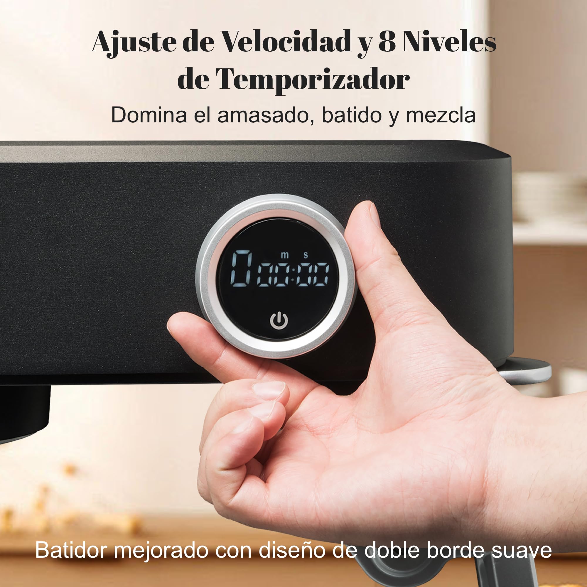 Robot de cocina, amasadora para masa de pan, carcasa de metal, 8 niveles con temporizador, cuenco de 5 L, 4 cabezales de acero inoxidable (Negro)